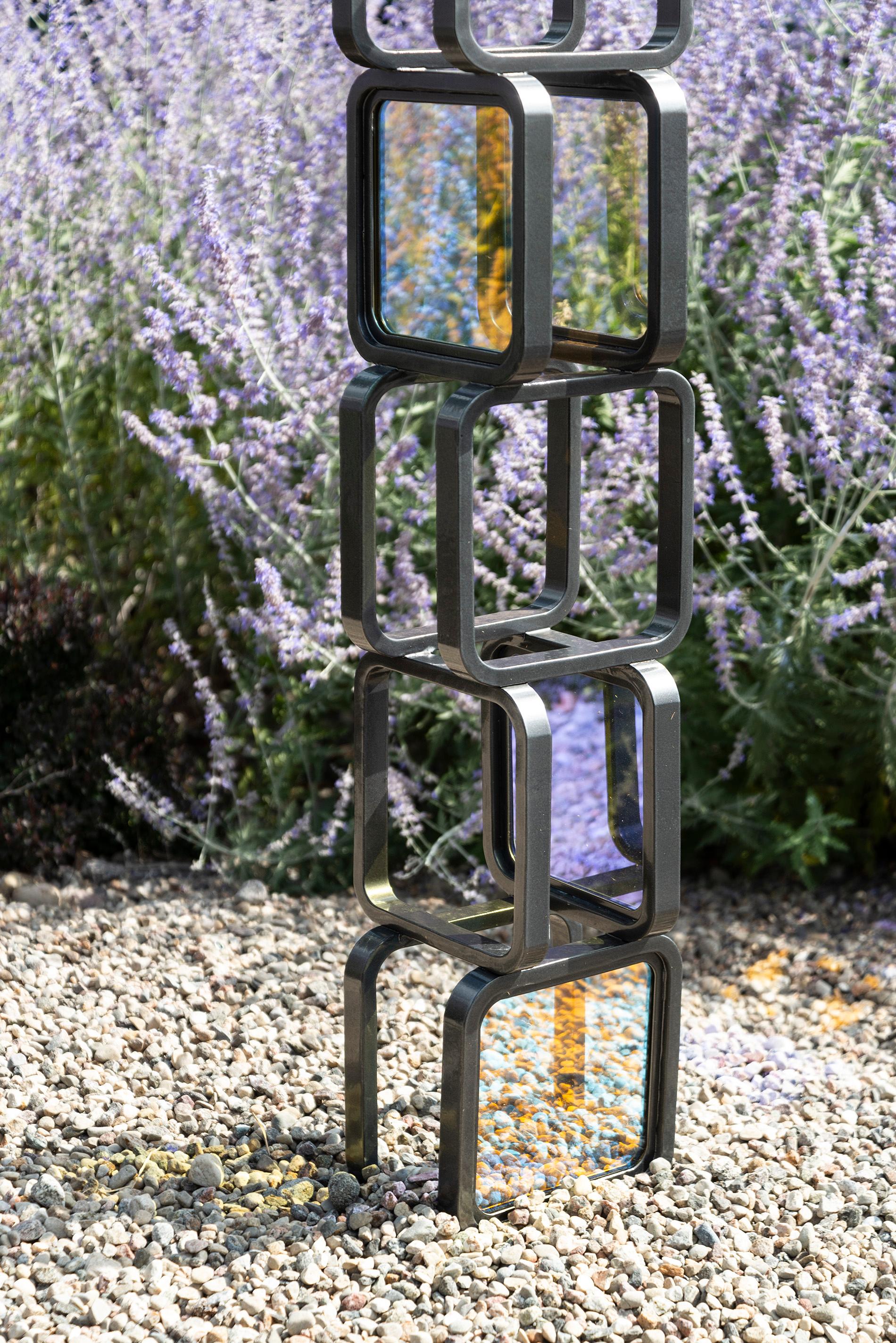 Chroma Tower No 2 - tall, geometric abstract, steel and glass sculpture For Sale 4