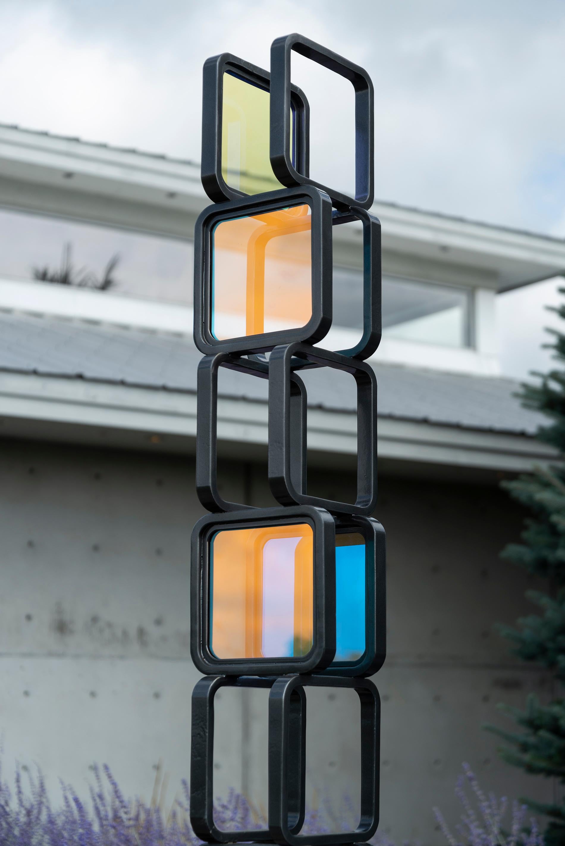 Chroma Tower No 2 - tall, geometric abstract, steel and glass sculpture For Sale 6