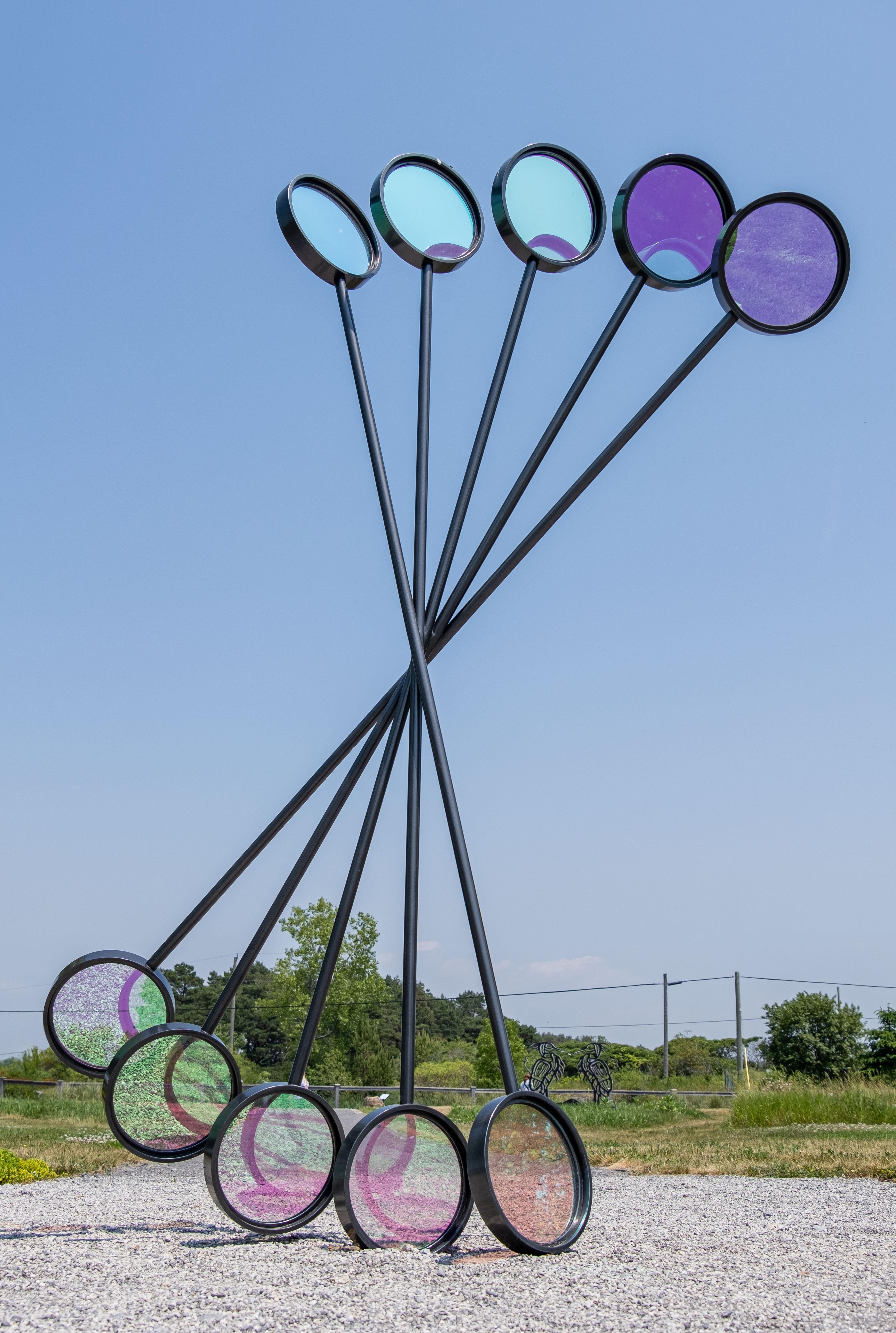 Chromatica - tall, geometric abstract, powder coated steel outdoor sculpture