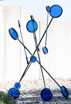 Dancer - tall, bright, blue, geometric abstract, steel and glass sculpture