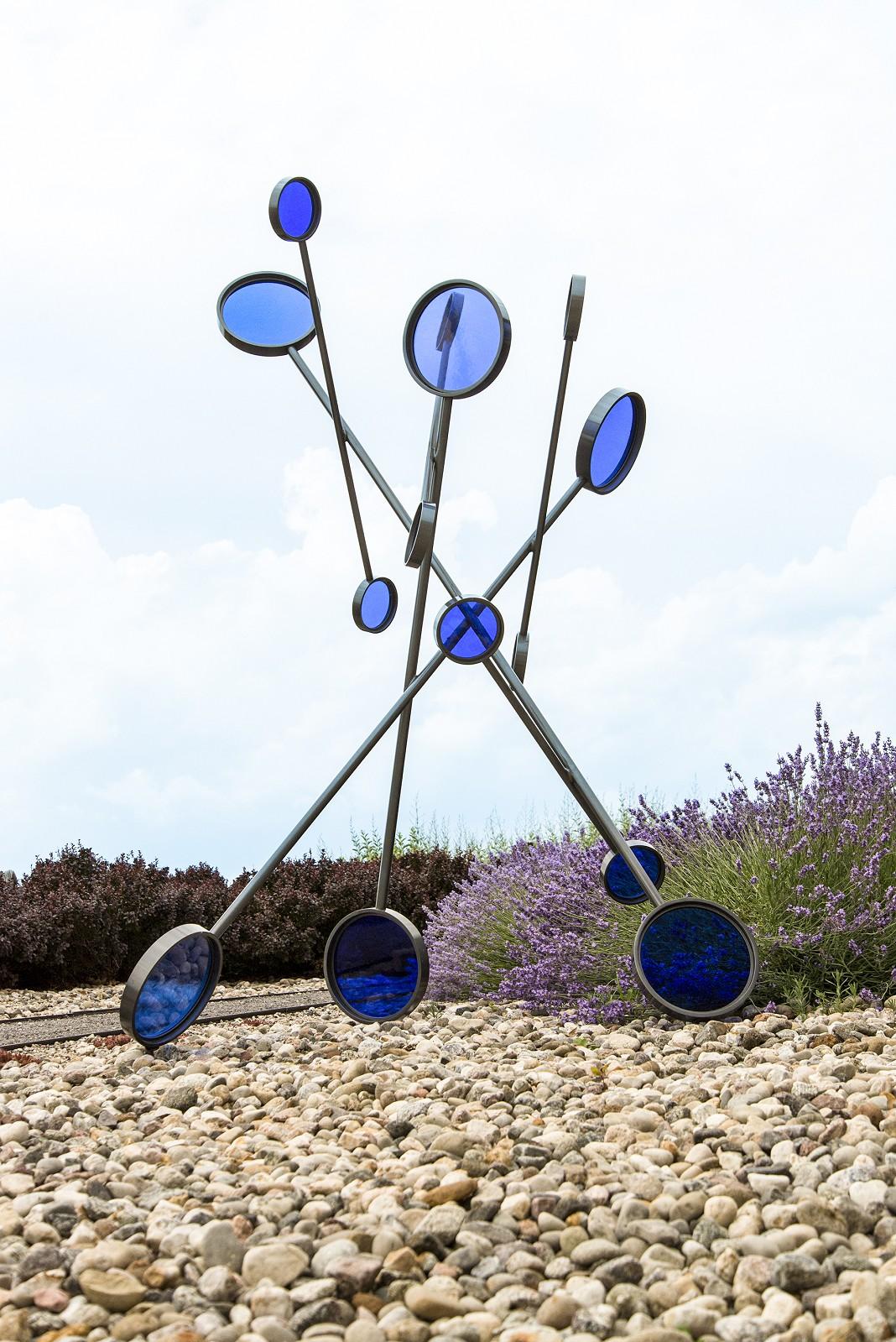 Ryan Van Der Hout Abstract Sculpture - Dancer - tall, bright, blue, geometric abstract, steel and glass sculpture