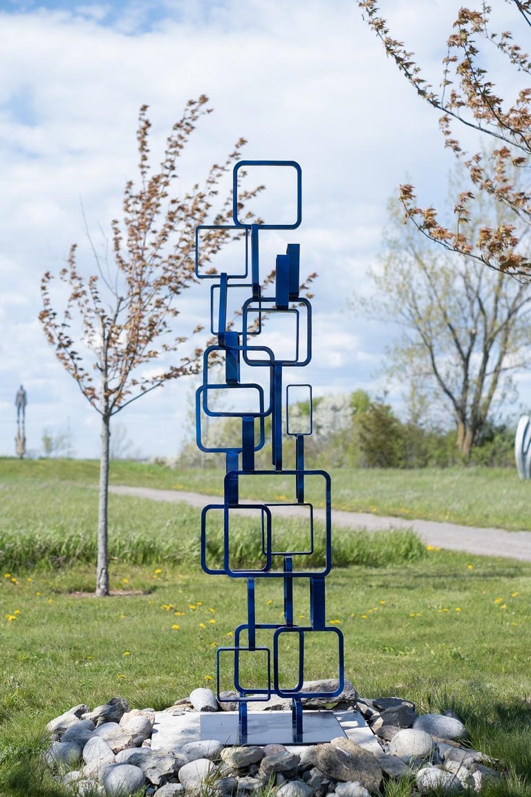 Frame - tall, blue, outdoor, painted steel, geometric abstract sculpture - Sculpture by Ryan Van Der Hout