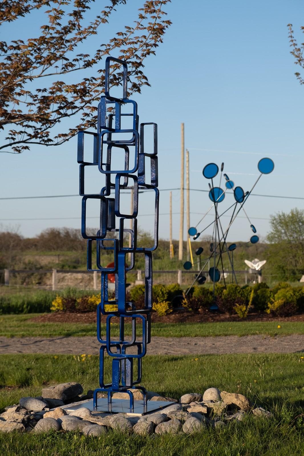 Frame - tall, blue, outdoor, painted steel, geometric abstract sculpture - Abstract Geometric Sculpture by Ryan Van Der Hout