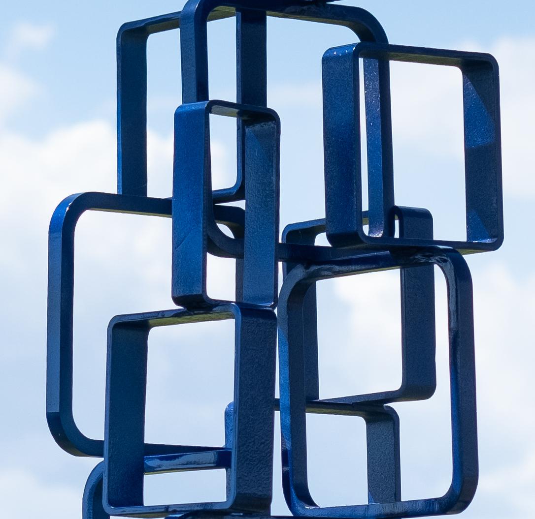 Frame - tall, blue, outdoor, painted steel, geometric abstract sculpture - Gray Abstract Sculpture by Ryan Van Der Hout