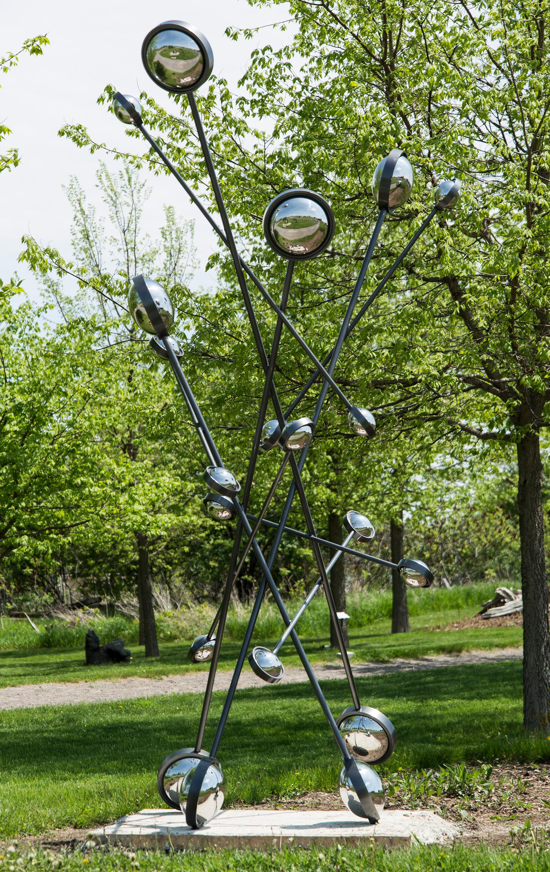 Looking - tall, geometric abstract, powder coated outdoor steel sculpture - Beige Abstract Sculpture by Ryan Van Der Hout