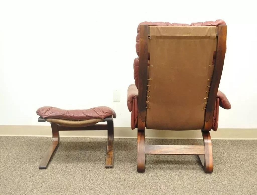 Rybo Rykken Mid Century Modern Rosewood Leather Kengu Lounge Chair and Ottoman For Sale 3