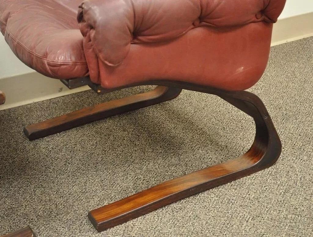 20th Century Rybo Rykken Mid Century Modern Rosewood Leather Kengu Lounge Chair and Ottoman For Sale