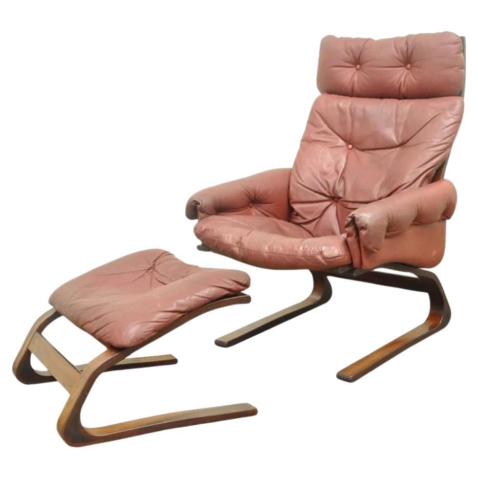 Rybo Rykken Mid Century Modern Rosewood Leather Kengu Lounge Chair and Ottoman