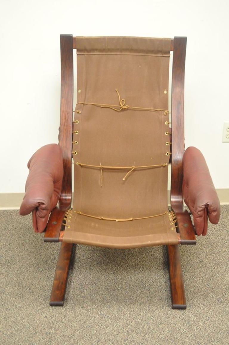 Rybo Rykken Mid-Century Modern Rosewood Leather Kengu Lounge Chair Ottoman For Sale 2