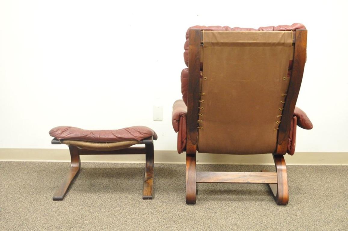 Rybo Rykken Mid-Century Modern Rosewood Leather Kengu Lounge Chair Ottoman For Sale 3