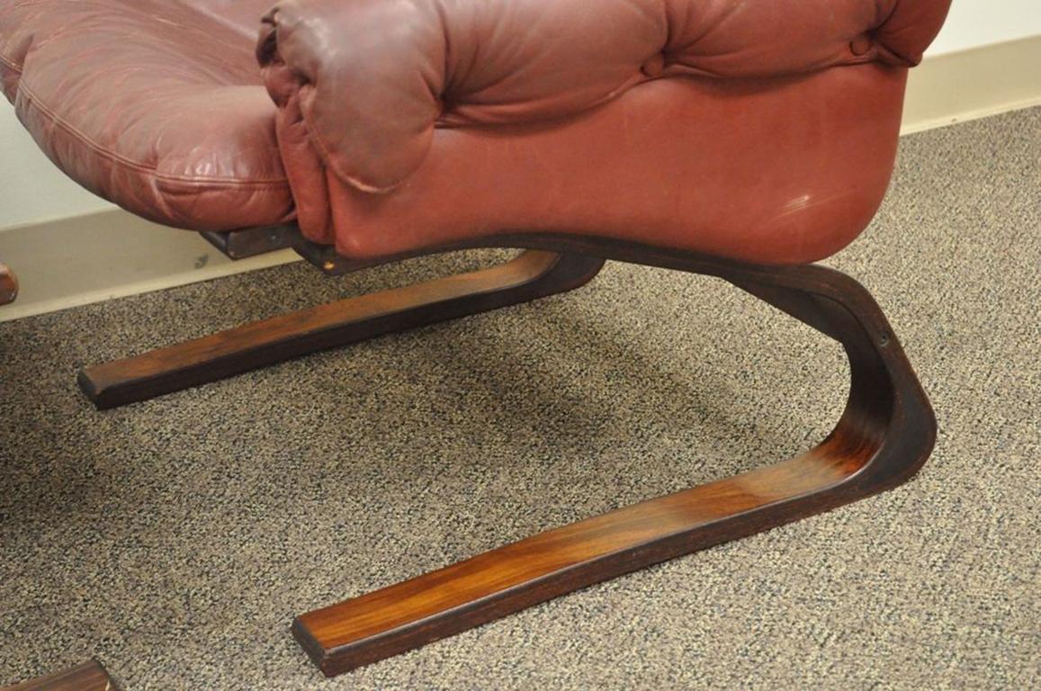 Mid-20th Century Rybo Rykken Mid-Century Modern Rosewood Leather Kengu Lounge Chair Ottoman For Sale