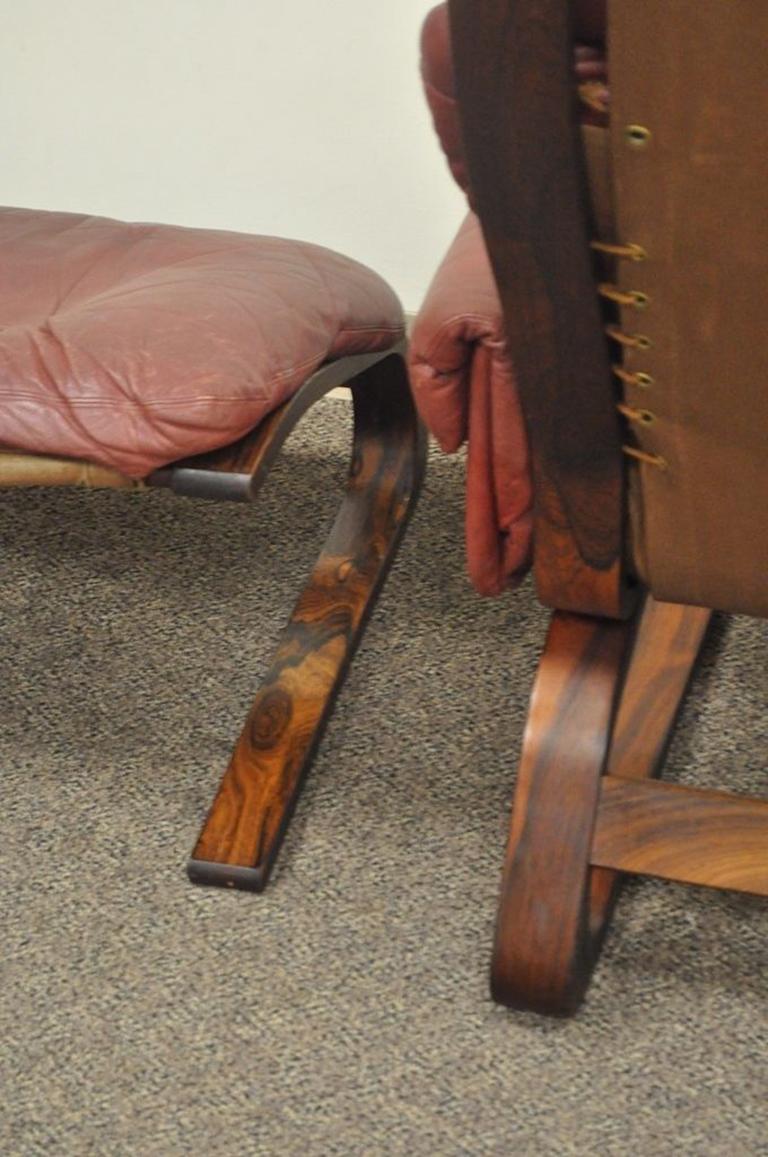 Rybo Rykken Mid-Century Modern Rosewood Leather Kengu Lounge Chair Ottoman For Sale 1
