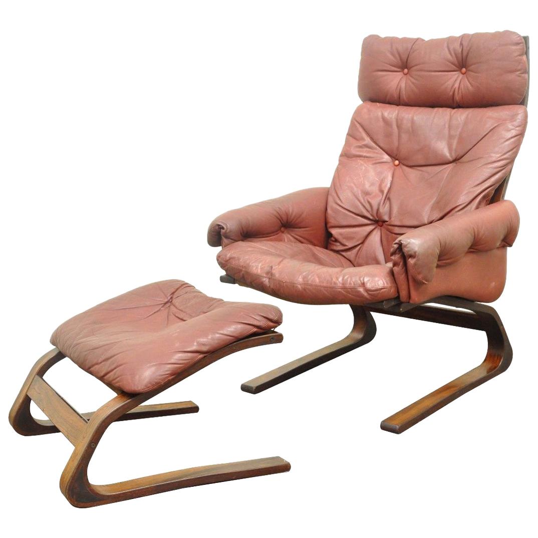 Rybo Rykken Mid-Century Modern Rosewood Leather Kengu Lounge Chair Ottoman For Sale
