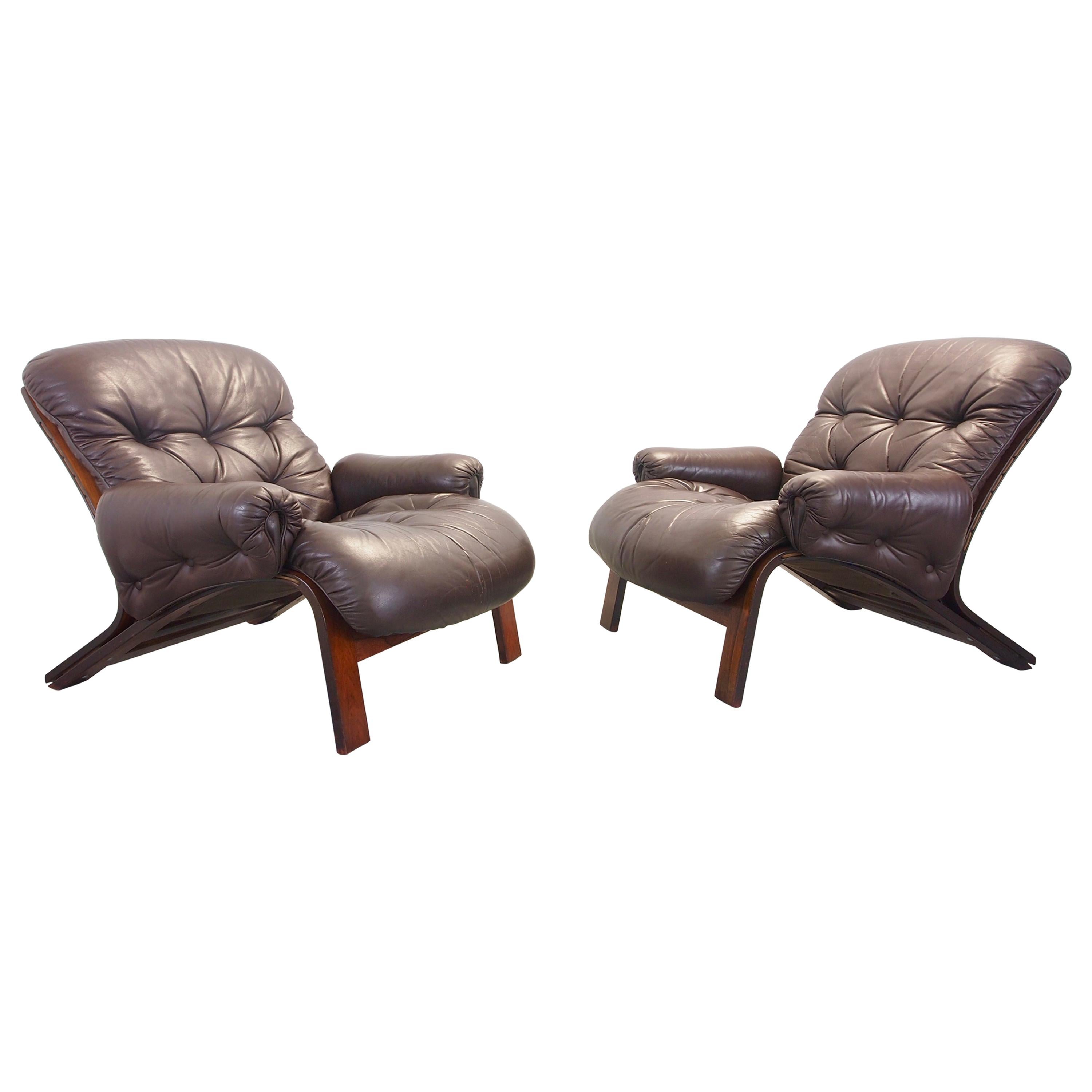 RyBo Rykken Vintage skandinavischen Paar Leder / Palisander Lounge-Stühle