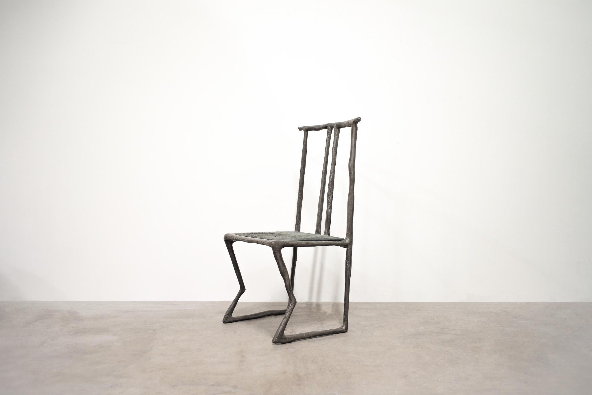 Rymd Chair by Lucas Tyra Morten
2023
Limited Edition of 29
Dimensions: W 55 x D 53 x H 110  cm
Material: Fiberglass, Tin, Leather

Occupying the liminal space between art and design, the multidisciplinary atelier of Lucas and Tyra Morten is a small