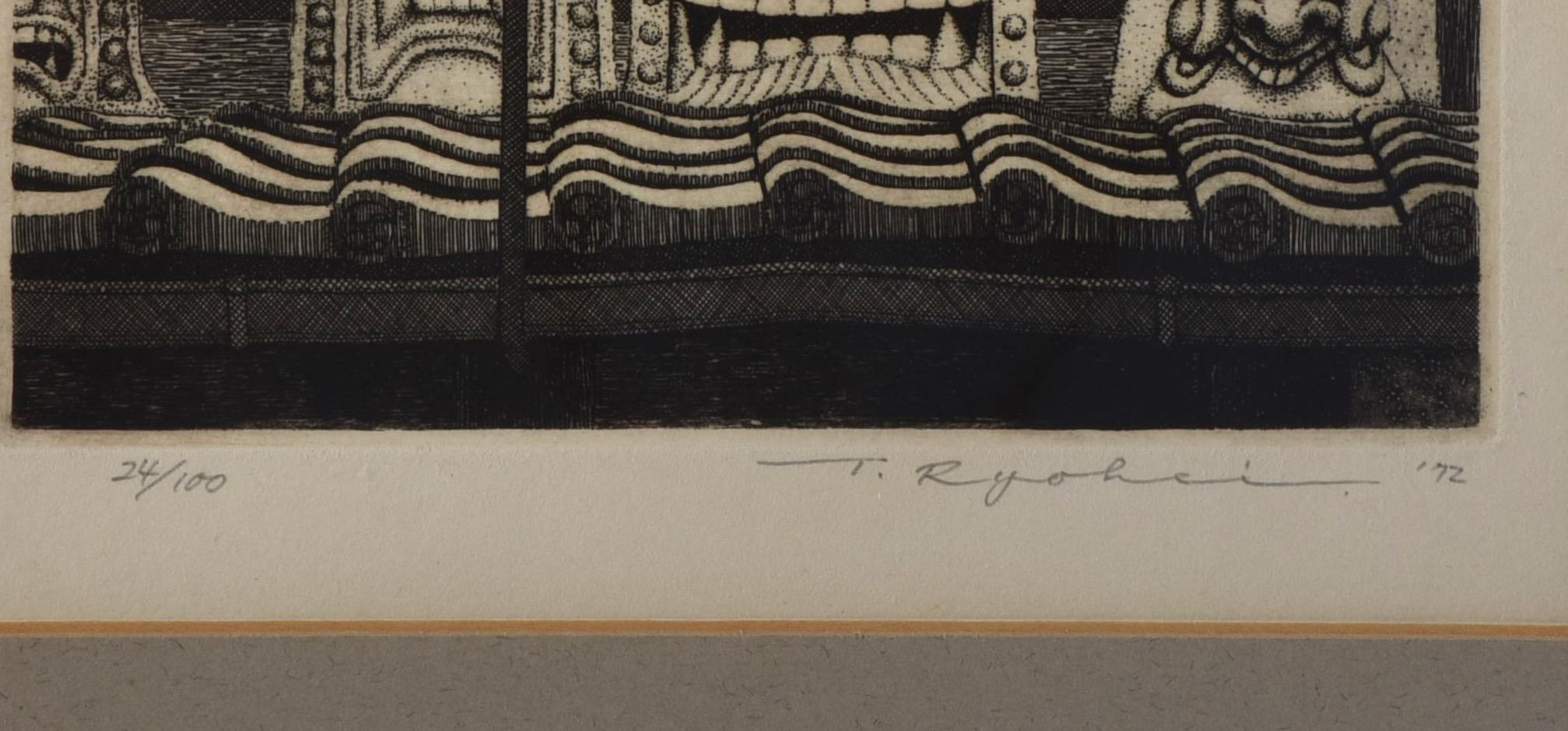 Druck von Ryohei Tanaka von Tempelmasken.  

Signiert, nummeriert und datiert 

24 von 100
und datiert 1972.