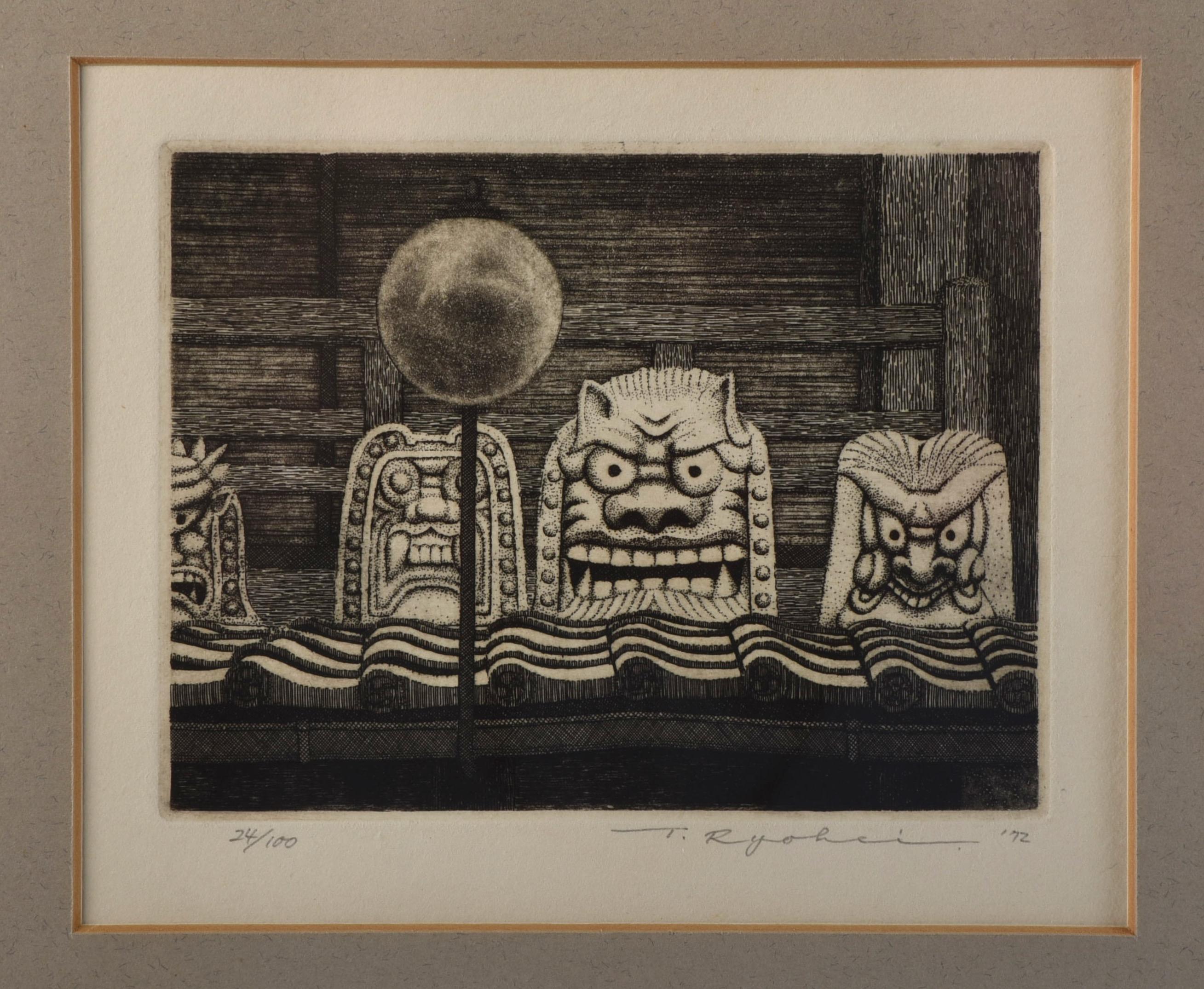 Mid-Century Modern Ryohei Tanaka (1933-2019) Vintage Signed Etching Masks Temple For Sale