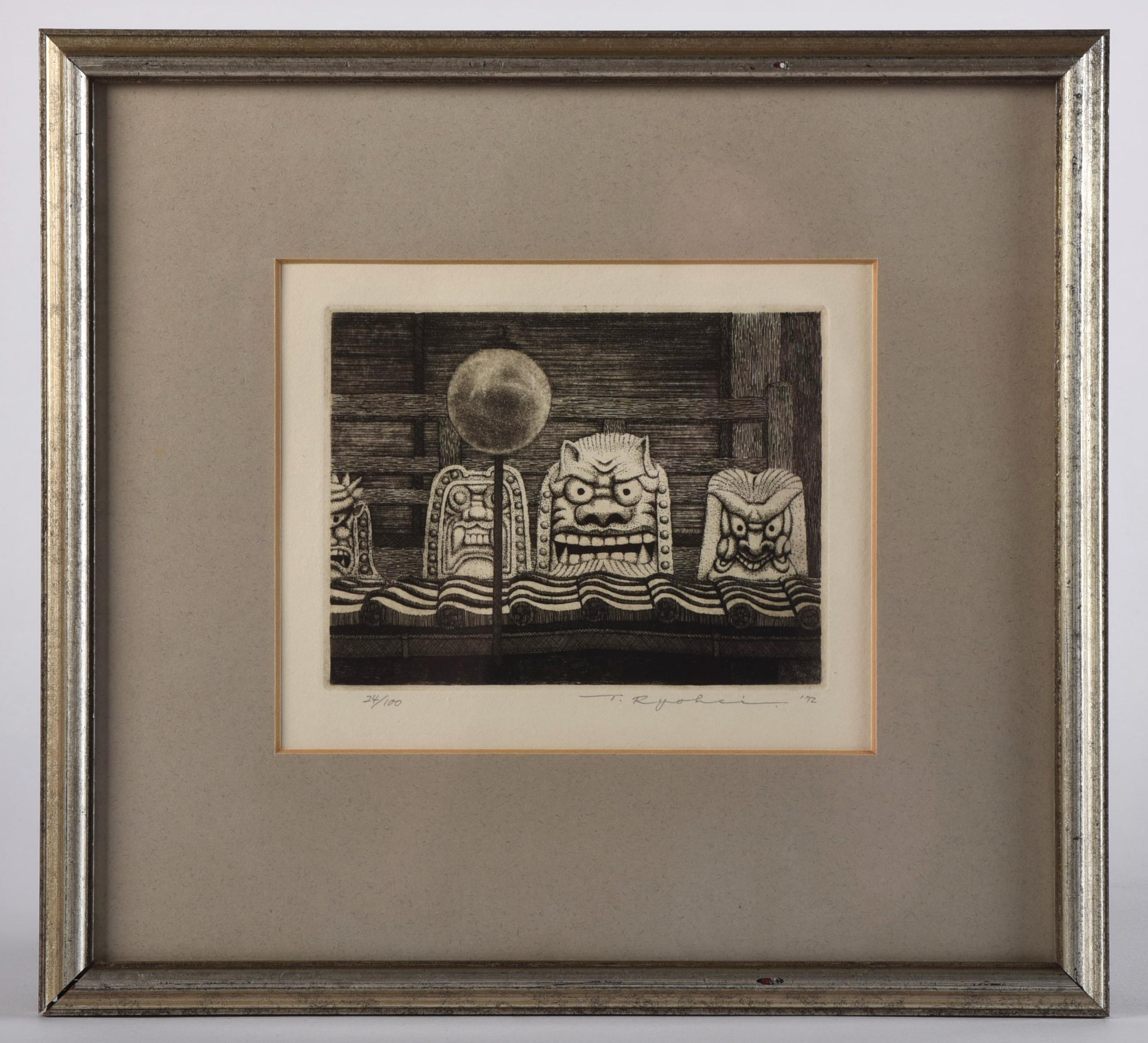 American Ryohei Tanaka (1933-2019) Vintage Signed Etching Masks Temple For Sale