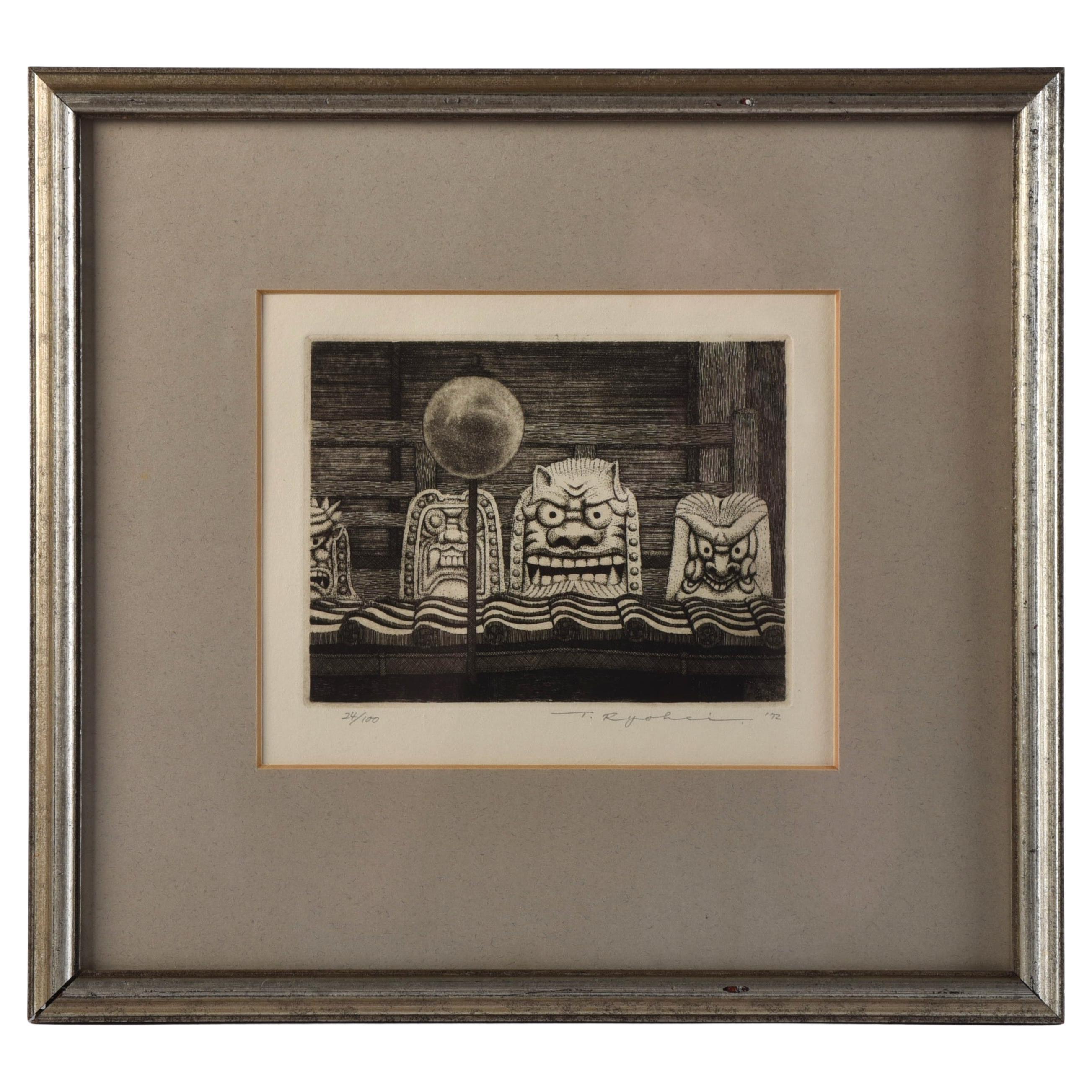 Ryohei Tanaka (1933-2019) Vintage Signed Etching Masks Temple For Sale