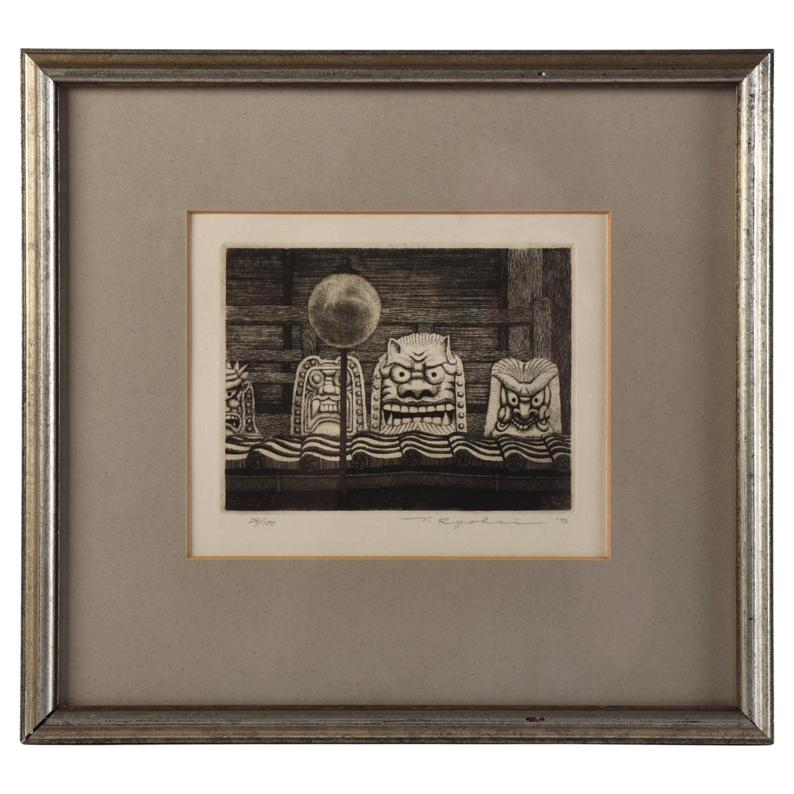 Ryohei Tanaka (1933-2019) Acquaforte d'epoca firmata Maschere Tempio