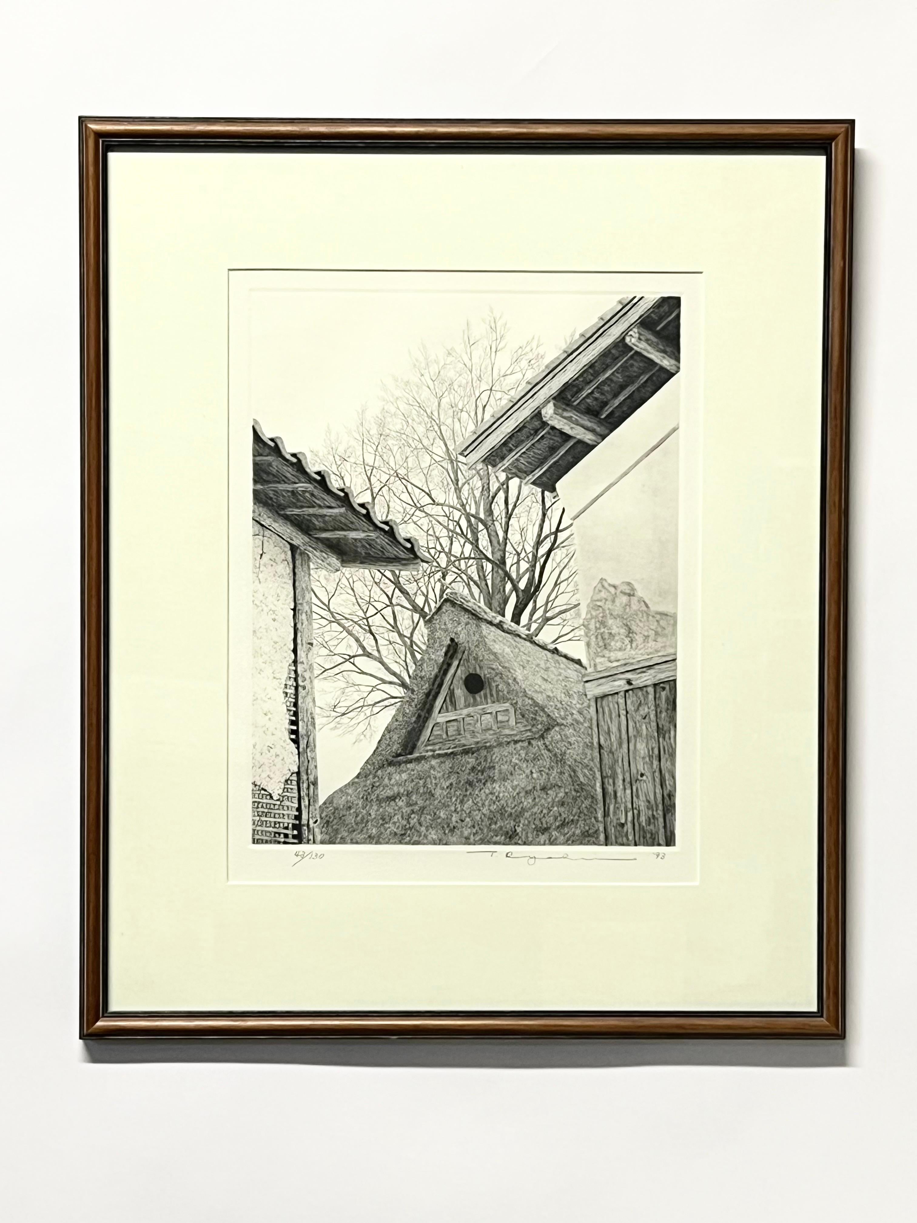 Incredibly detailed Ryohei Tanaka etching of a structure on the Japan countryside c1993. Beautifully framed and matted. Signed in pencil by artist.

Ryohei Tanaka (1933-2019) was world renowned for his intricate black and white etchings of rural