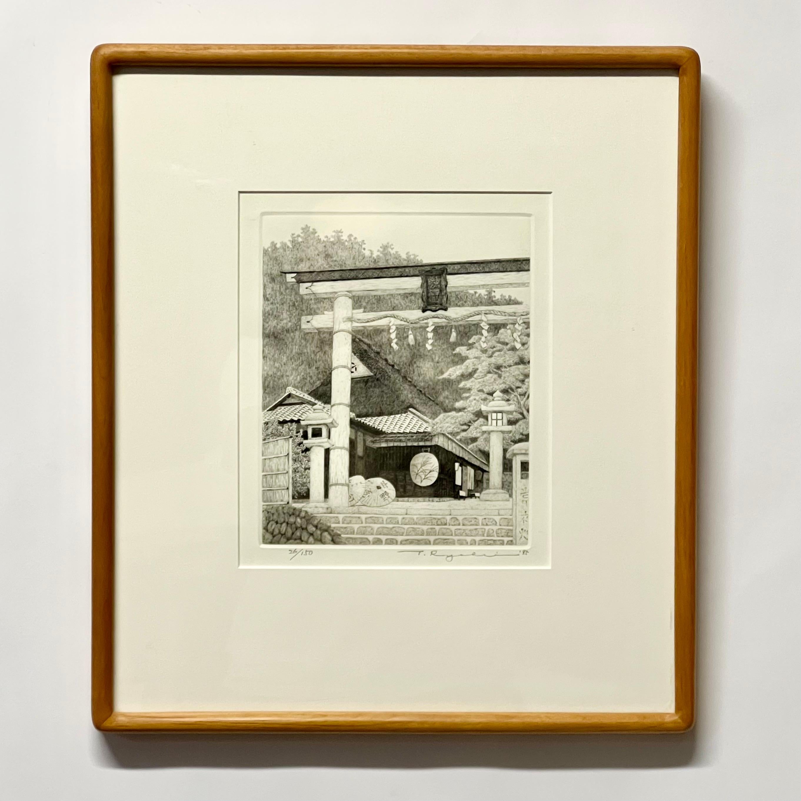 Incredibile e dettagliata incisione di Ryohei Ryohei Tanaka di un tempio in Giappone del 1995 circa. Splendidamente incorniciato e opacizzato in una cornice personalizzata in teak con bordi arrotondati.

Ryohei Tanaka (1933-2019) era famoso in tutto