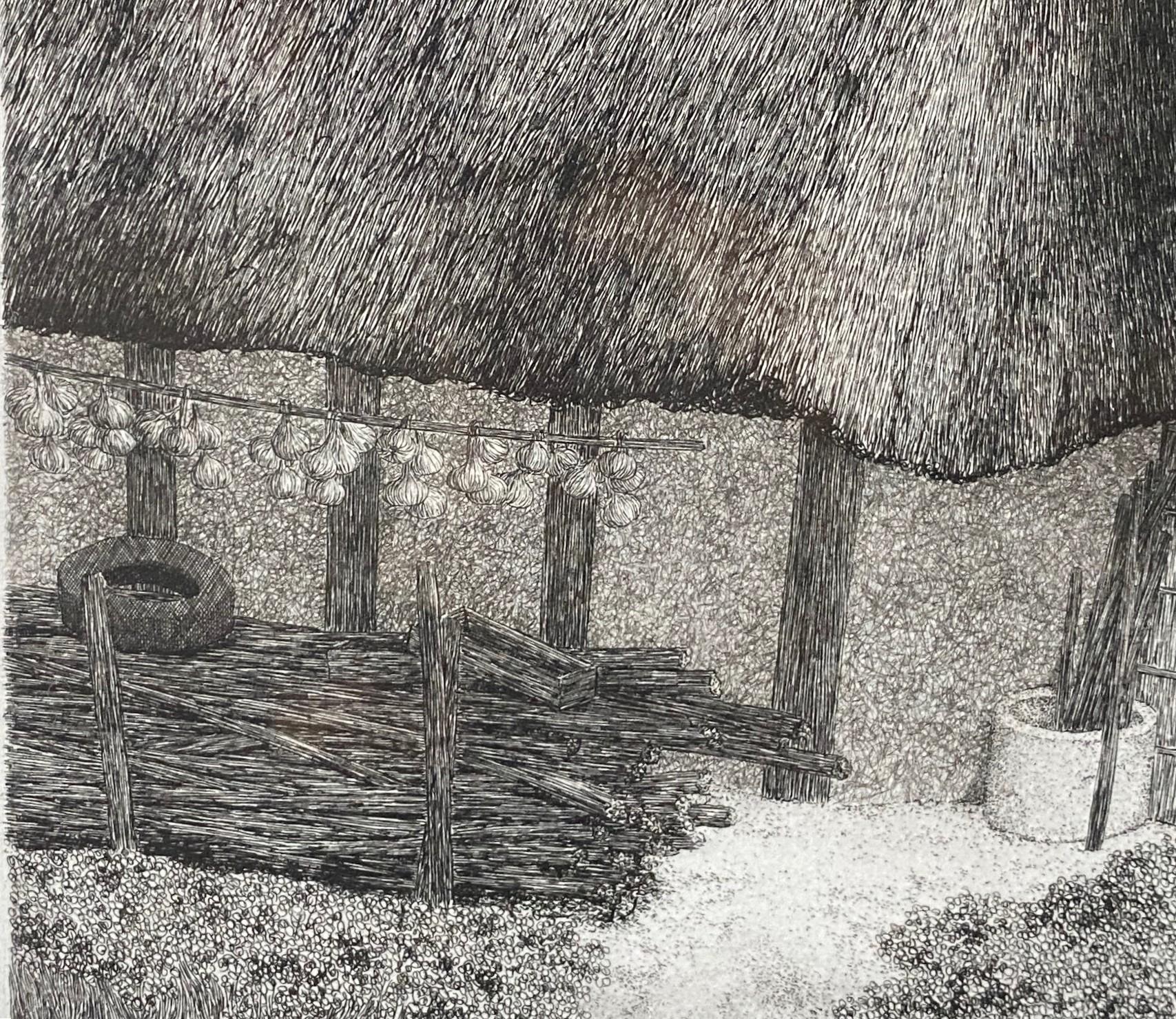 Tanaka Ryohei Tanaka Signée Grande Gravure Japonaise Edition Limitée Maison au toit de chaume en vente 5