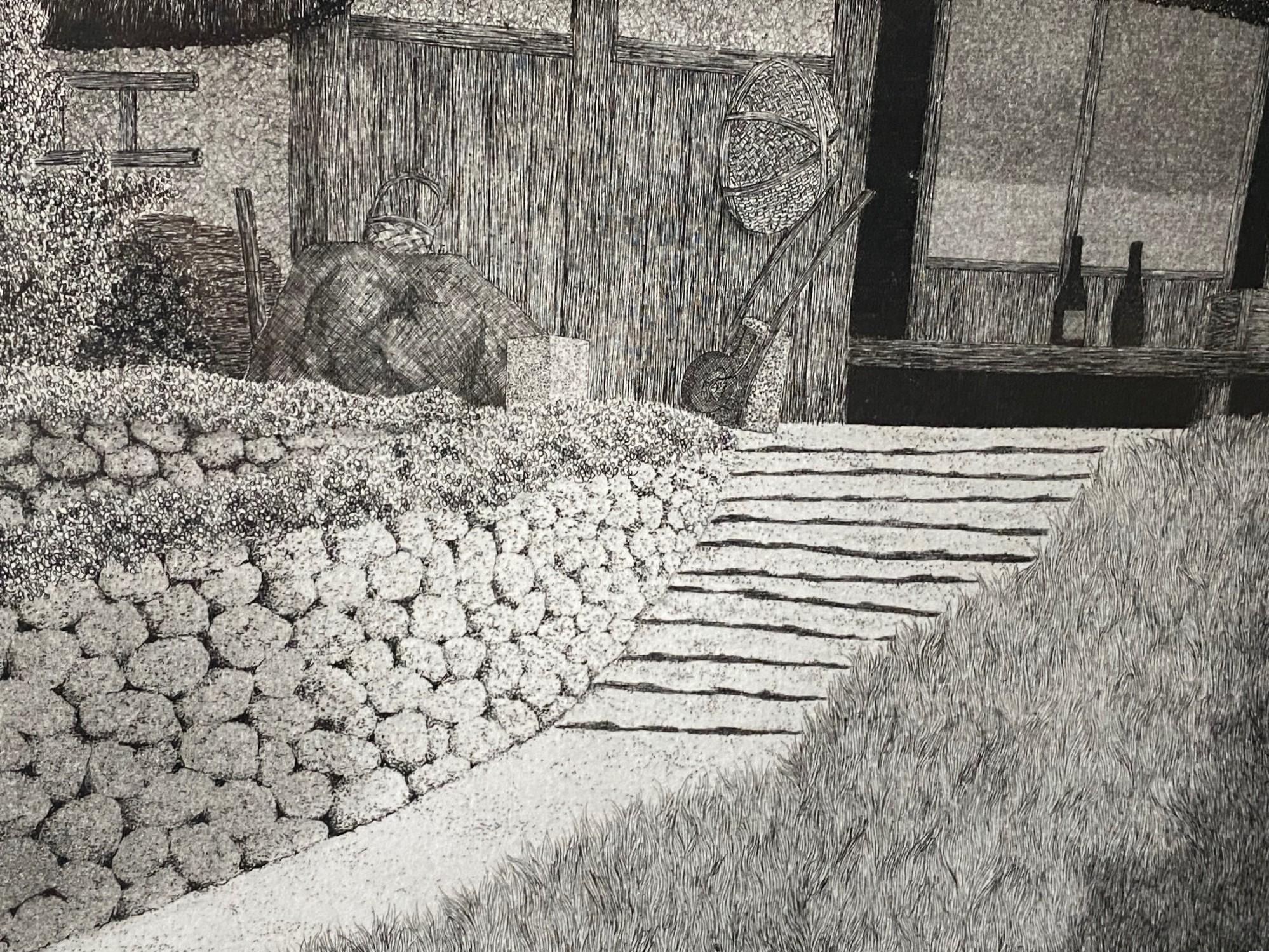 Tanaka Ryohei Tanaka Signée Grande Gravure Japonaise Edition Limitée Maison au toit de chaume en vente 6