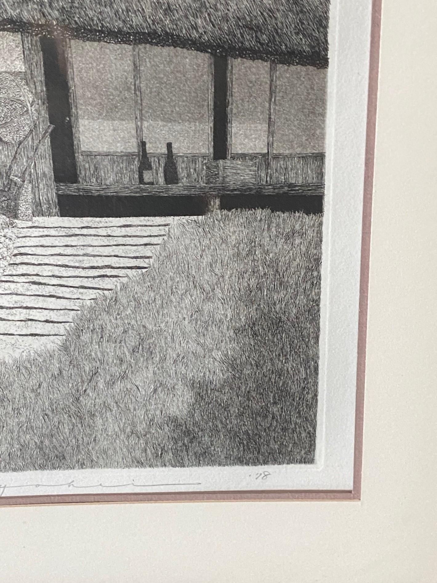 Tanaka Ryohei Tanaka Signée Grande Gravure Japonaise Edition Limitée Maison au toit de chaume en vente 8