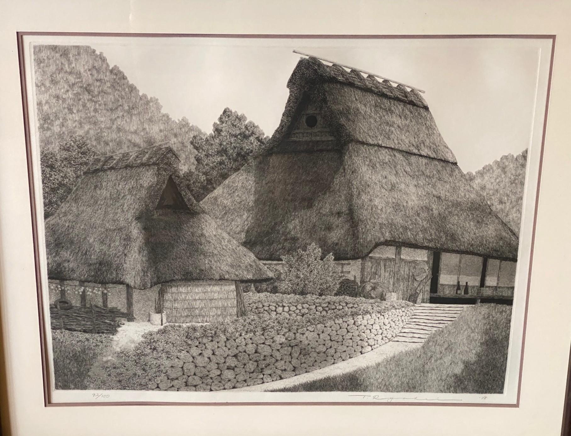 Showa Tanaka Ryohei Tanaka Signée Grande Gravure Japonaise Edition Limitée Maison au toit de chaume en vente