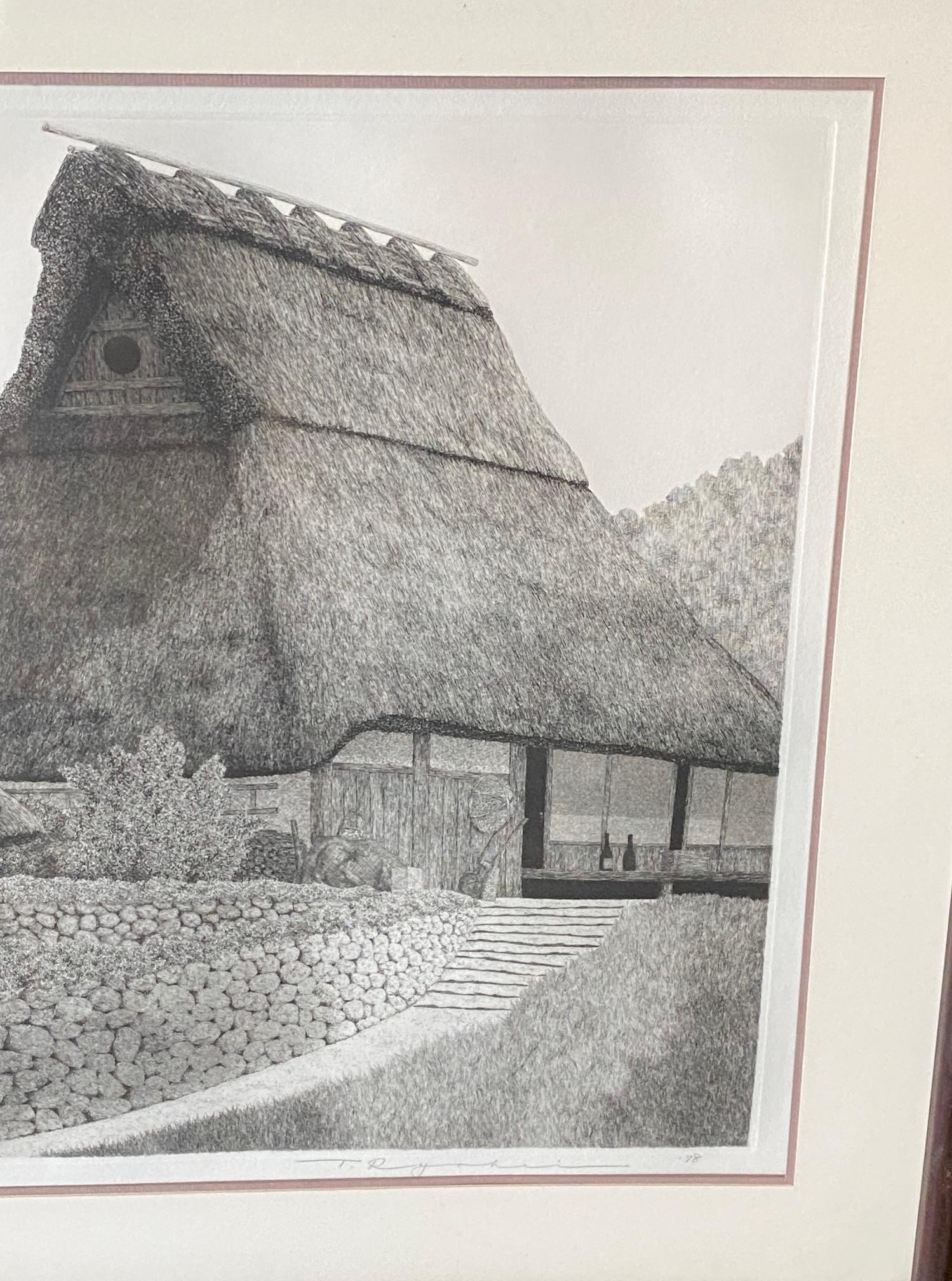 Tanaka Ryohei Tanaka Signée Grande Gravure Japonaise Edition Limit�ée Maison au toit de chaume Bon état - En vente à Studio City, CA
