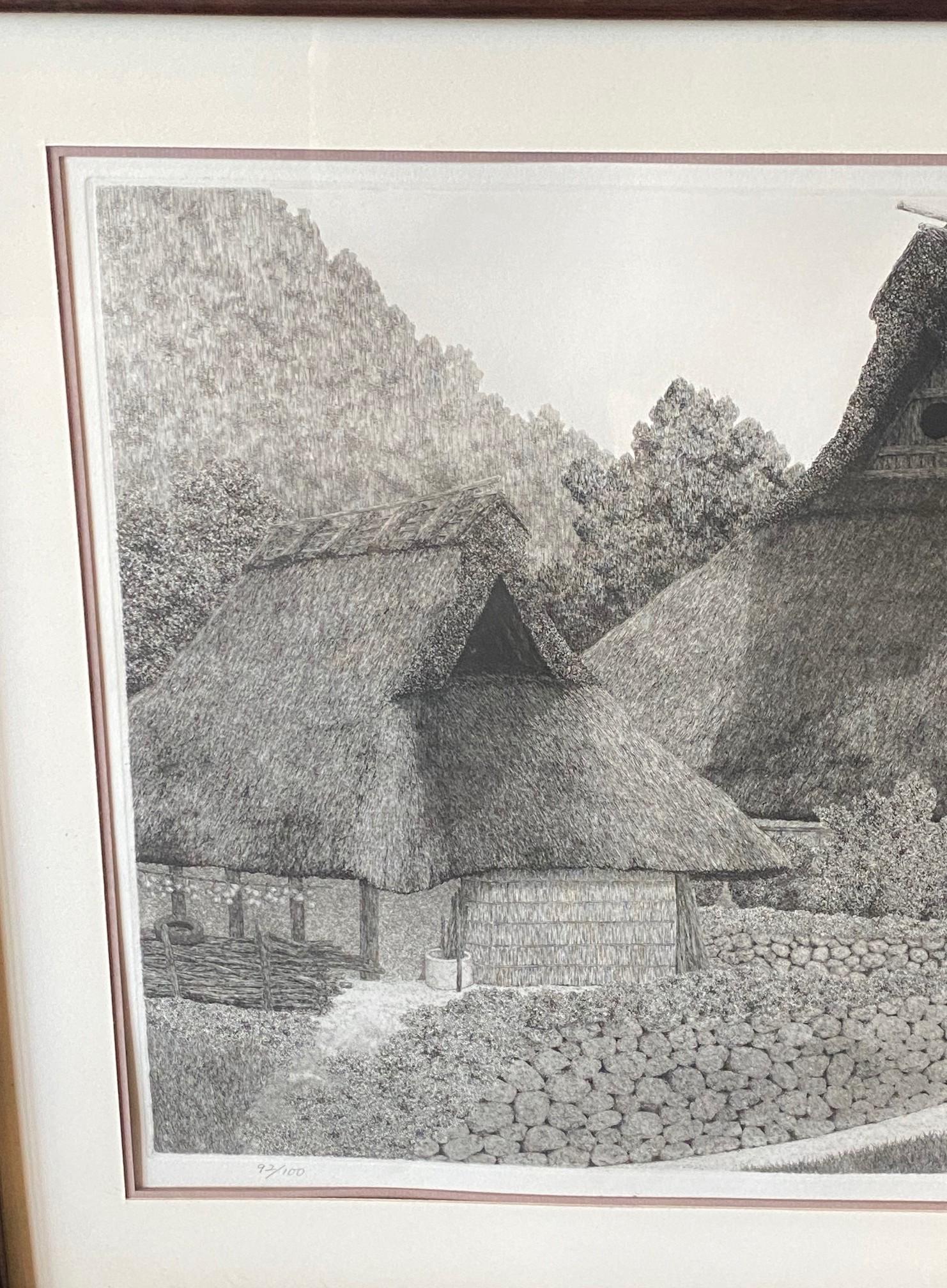 Fin du 20e siècle Tanaka Ryohei Tanaka Signée Grande Gravure Japonaise Edition Limitée Maison au toit de chaume en vente