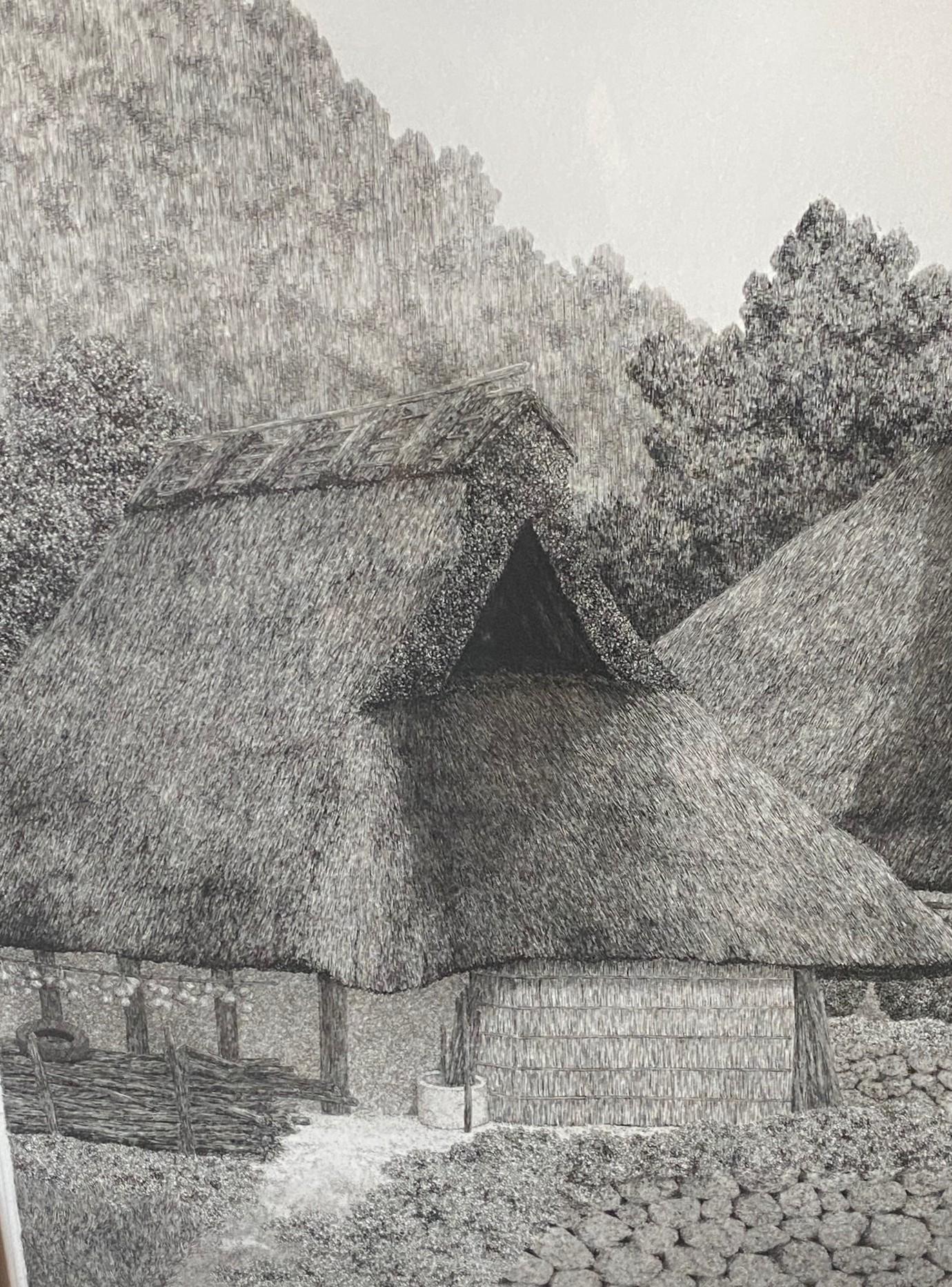 Papier Tanaka Ryohei Tanaka Signée Grande Gravure Japonaise Edition Limitée Maison au toit de chaume en vente
