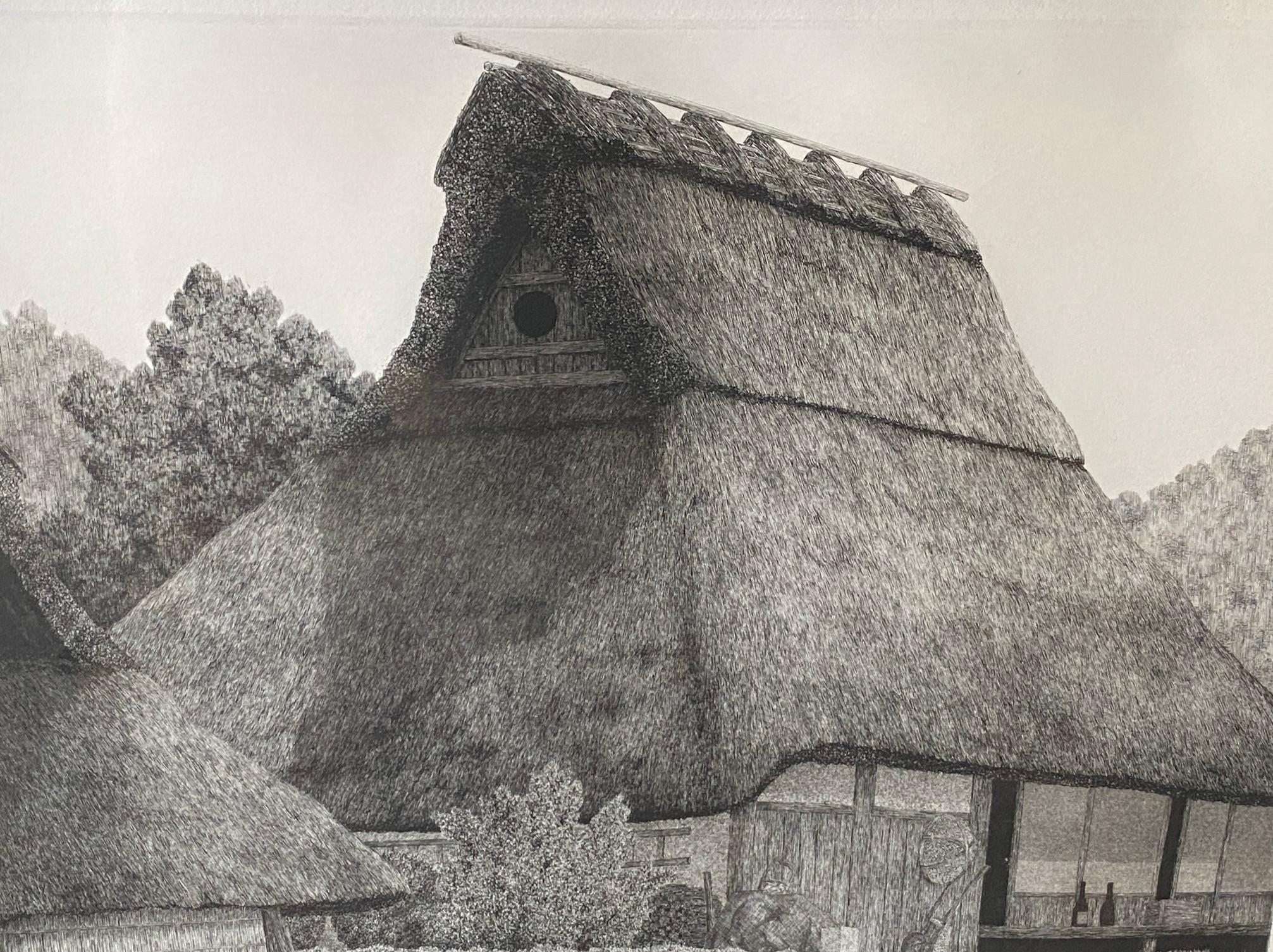 Tanaka Ryohei Tanaka Signée Grande Gravure Japonaise Edition Limitée Maison au toit de chaume en vente 1