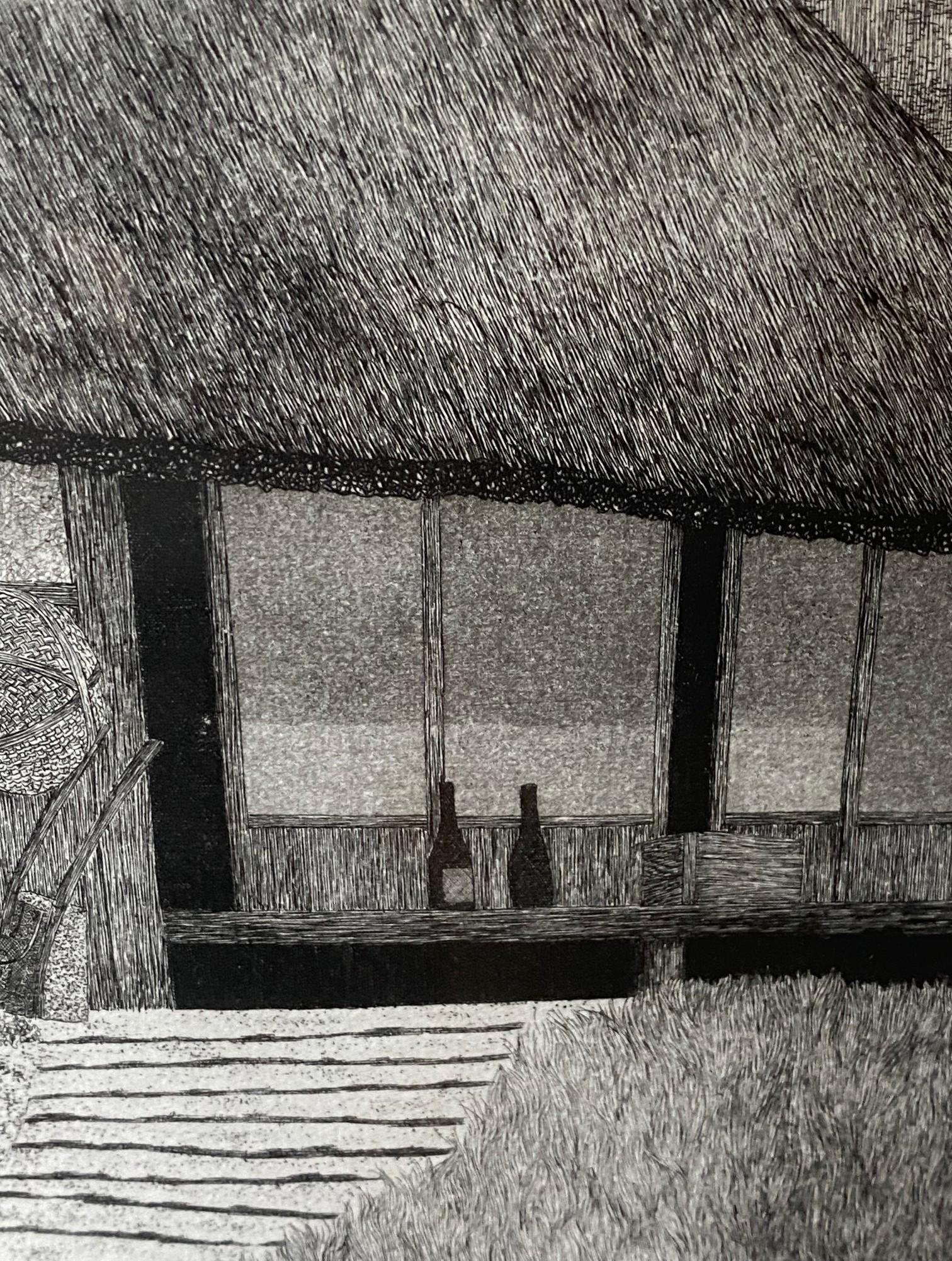 Tanaka Ryohei Tanaka Signée Grande Gravure Japonaise Edition Limitée Maison au toit de chaume en vente 2