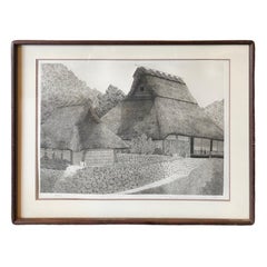 Ryohei Tanaka Signed Large Limited Edition Japanese Etching Thatched Roof House