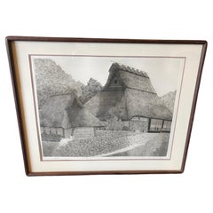 Ryohei Tanaka Signed Large Limited Edition Japanese Etching Thatched Roof House