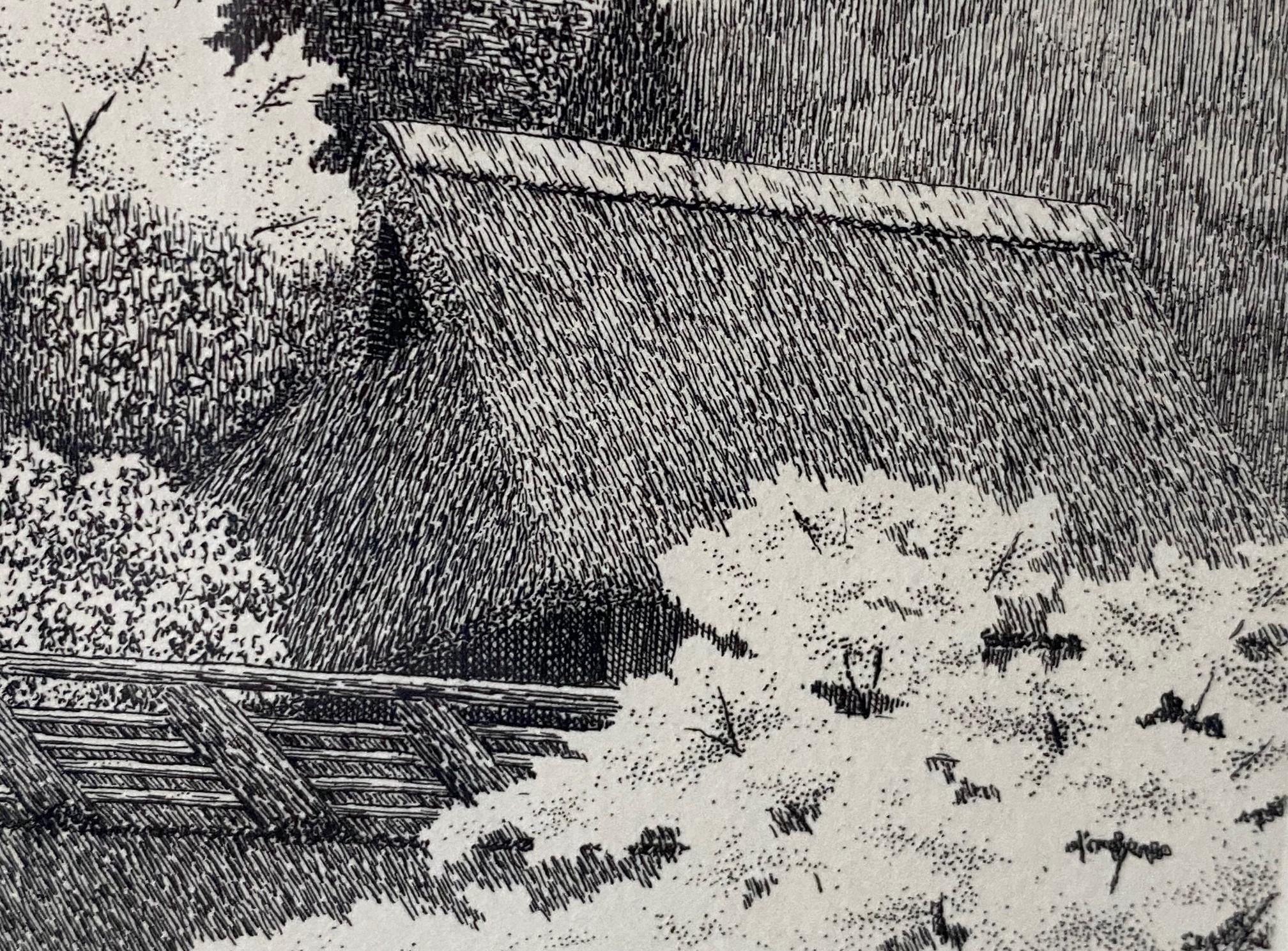 Ryohei Tanaka Signed Limited Ed. Japanese Etching Cherry Blossoms Thatched Roof For Sale 4