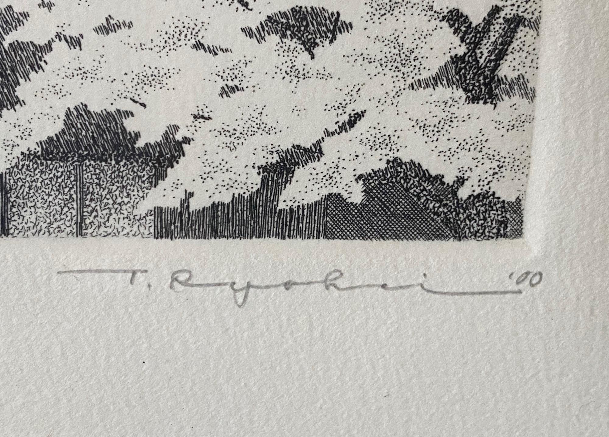 Ryohei Tanaka Signed Limited Ed. Japanese Etching Cherry Blossoms Thatched Roof For Sale 6