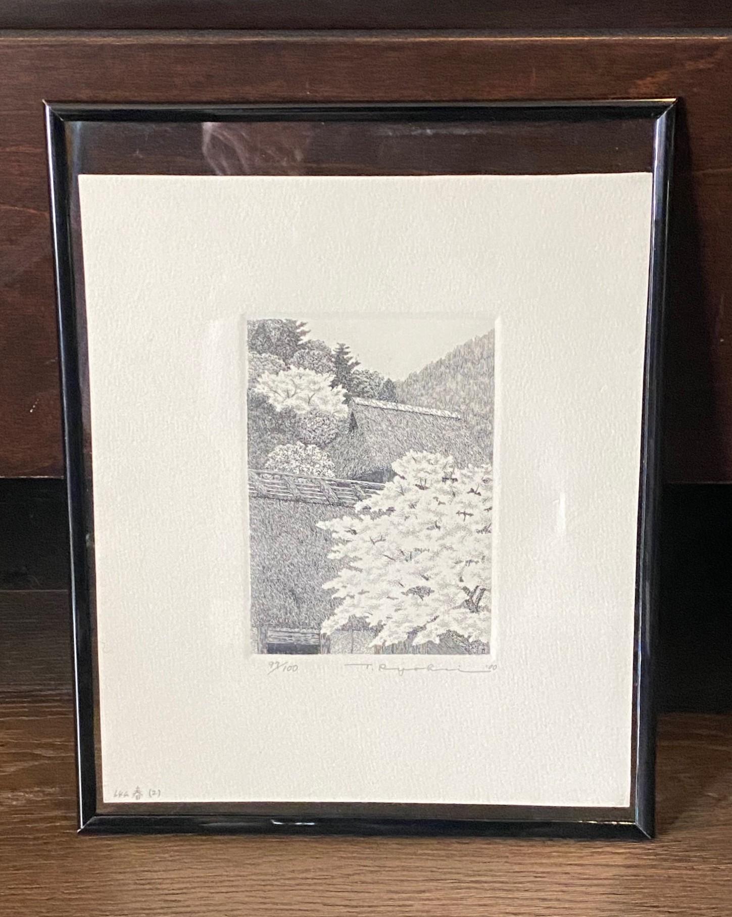 A wonderful image of a rural Japanese landscape scene by famed Japanese artist Ryohei Tanaka featuring two thatched roof houses and freshly blooming cherry blossom trees in Spring.  It is a lovely depiction.

The print is hand pencil signed, dated