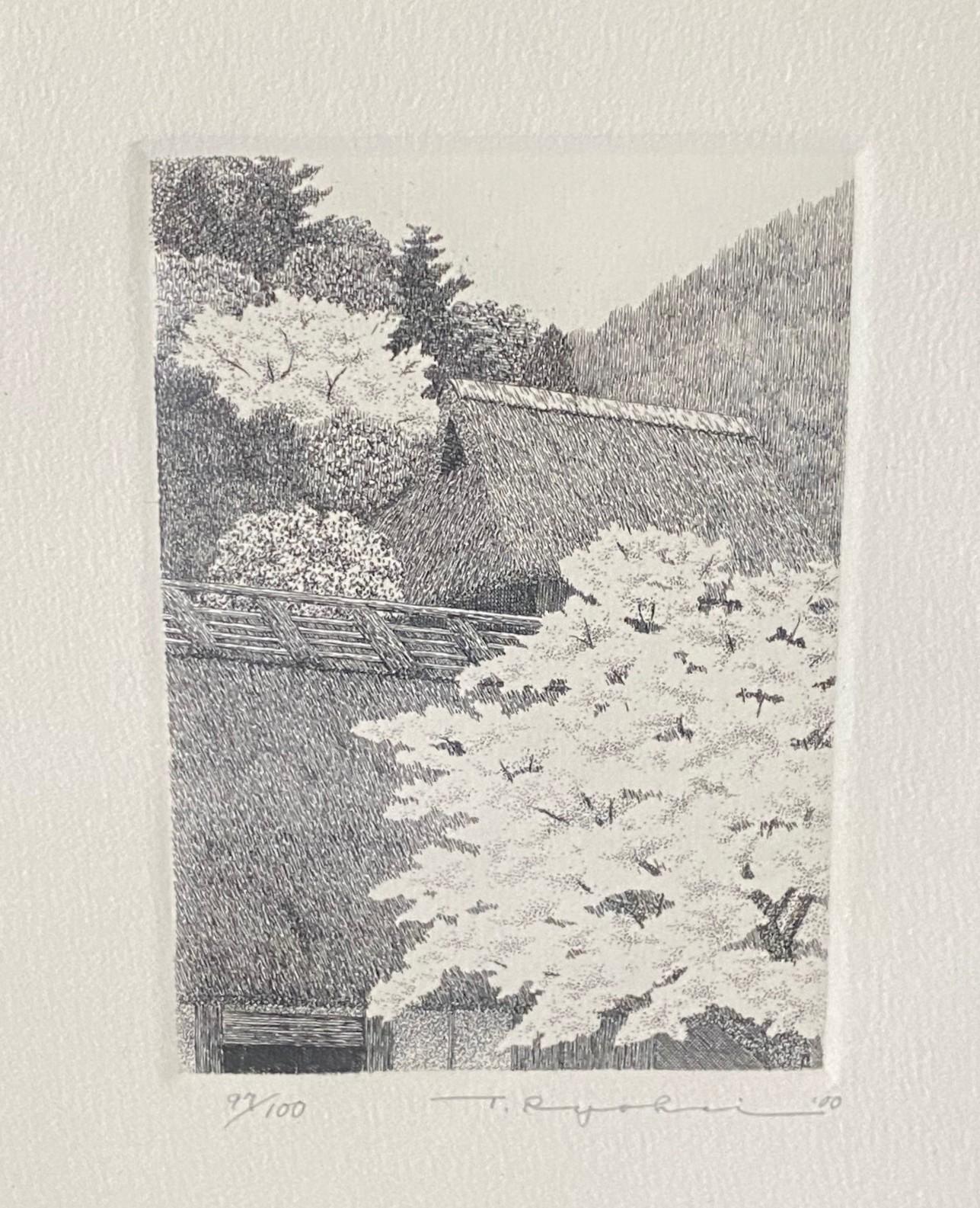 Modern Ryohei Tanaka Signed Limited Ed. Japanese Etching Cherry Blossoms Thatched Roof For Sale