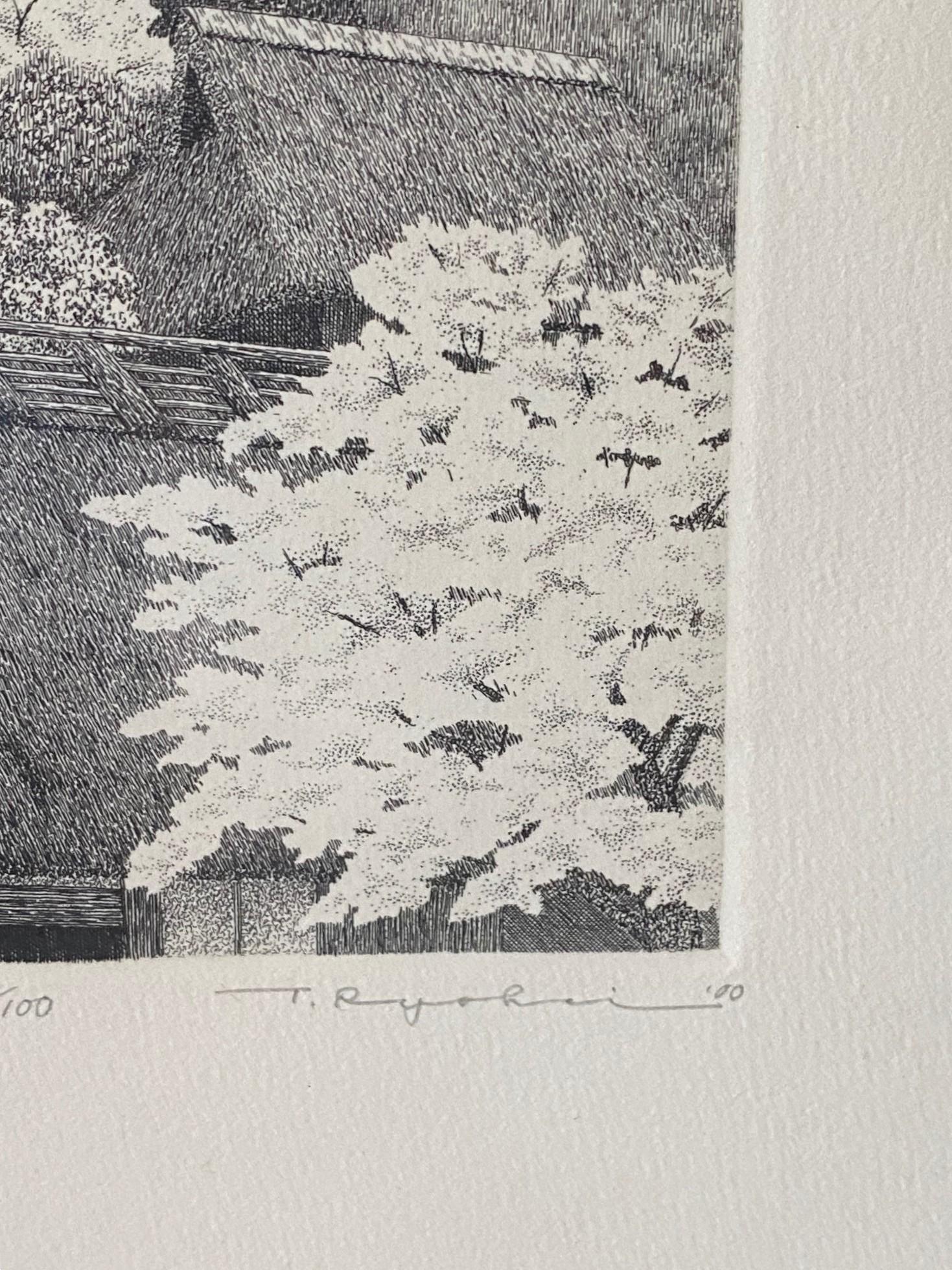 Etched Ryohei Tanaka Signed Limited Ed. Japanese Etching Cherry Blossoms Thatched Roof For Sale