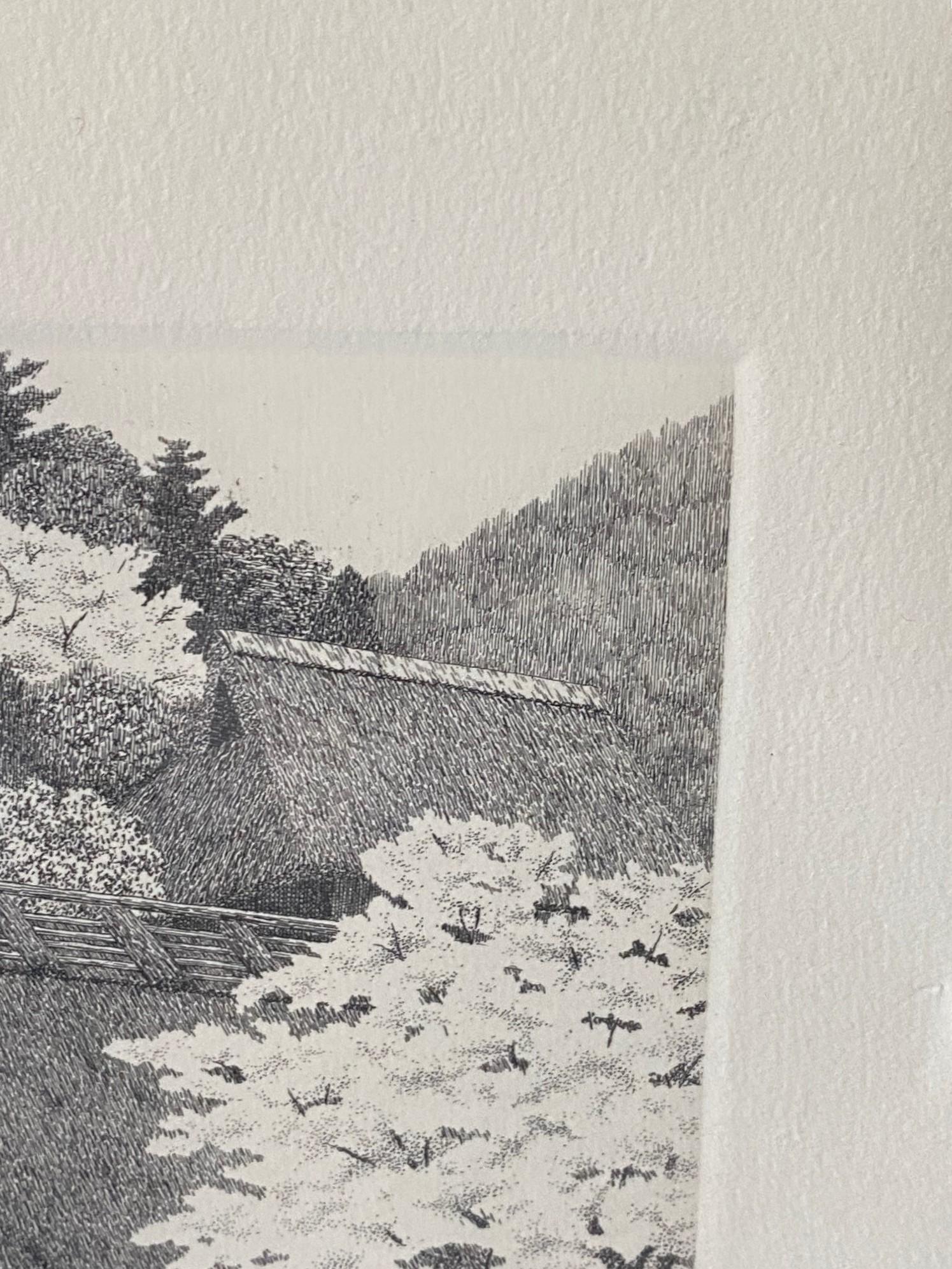 Ryohei Tanaka Signed Limited Ed. Japanese Etching Cherry Blossoms Thatched Roof In Good Condition For Sale In Studio City, CA