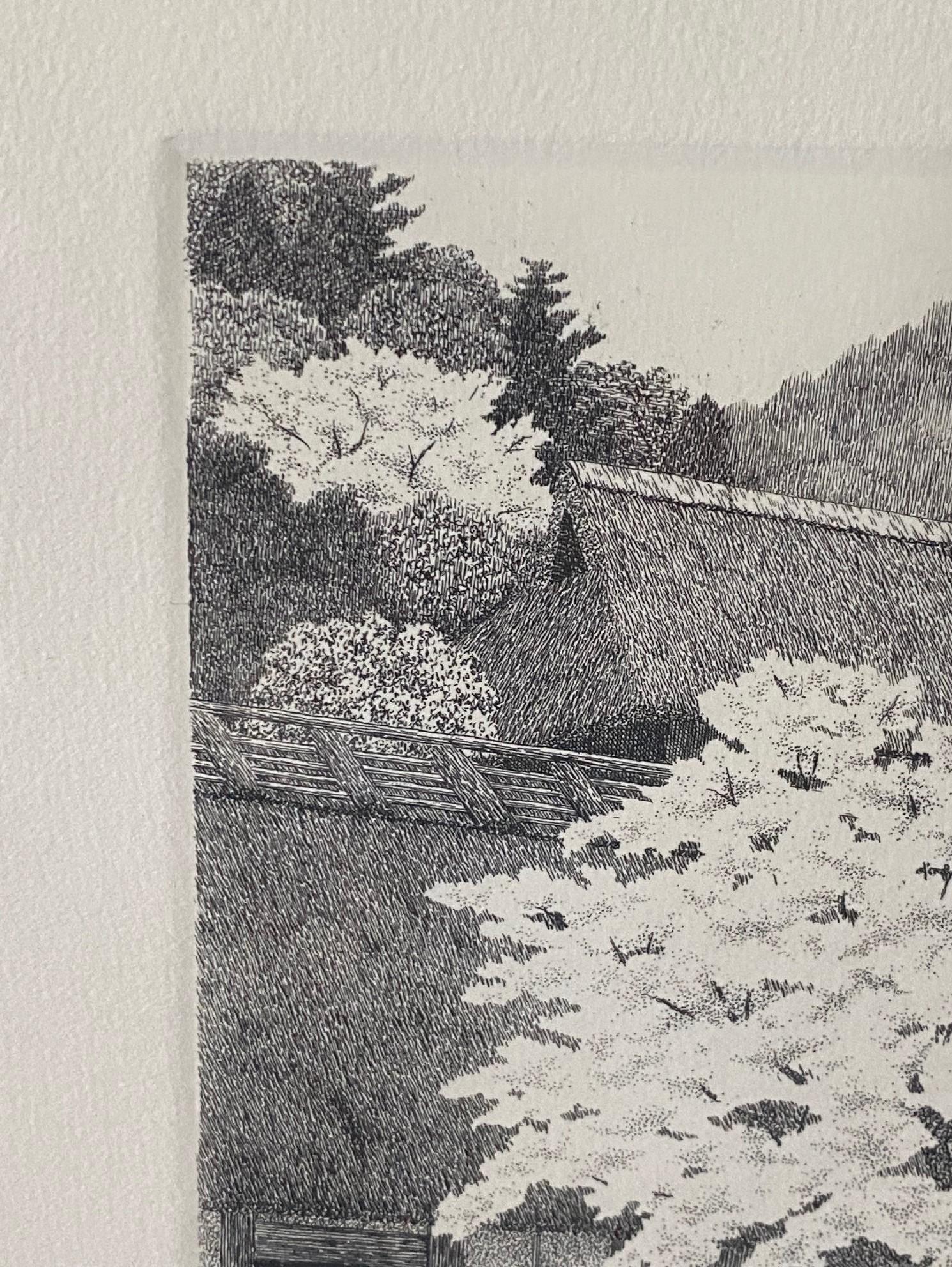 20th Century Ryohei Tanaka Signed Limited Ed. Japanese Etching Cherry Blossoms Thatched Roof For Sale