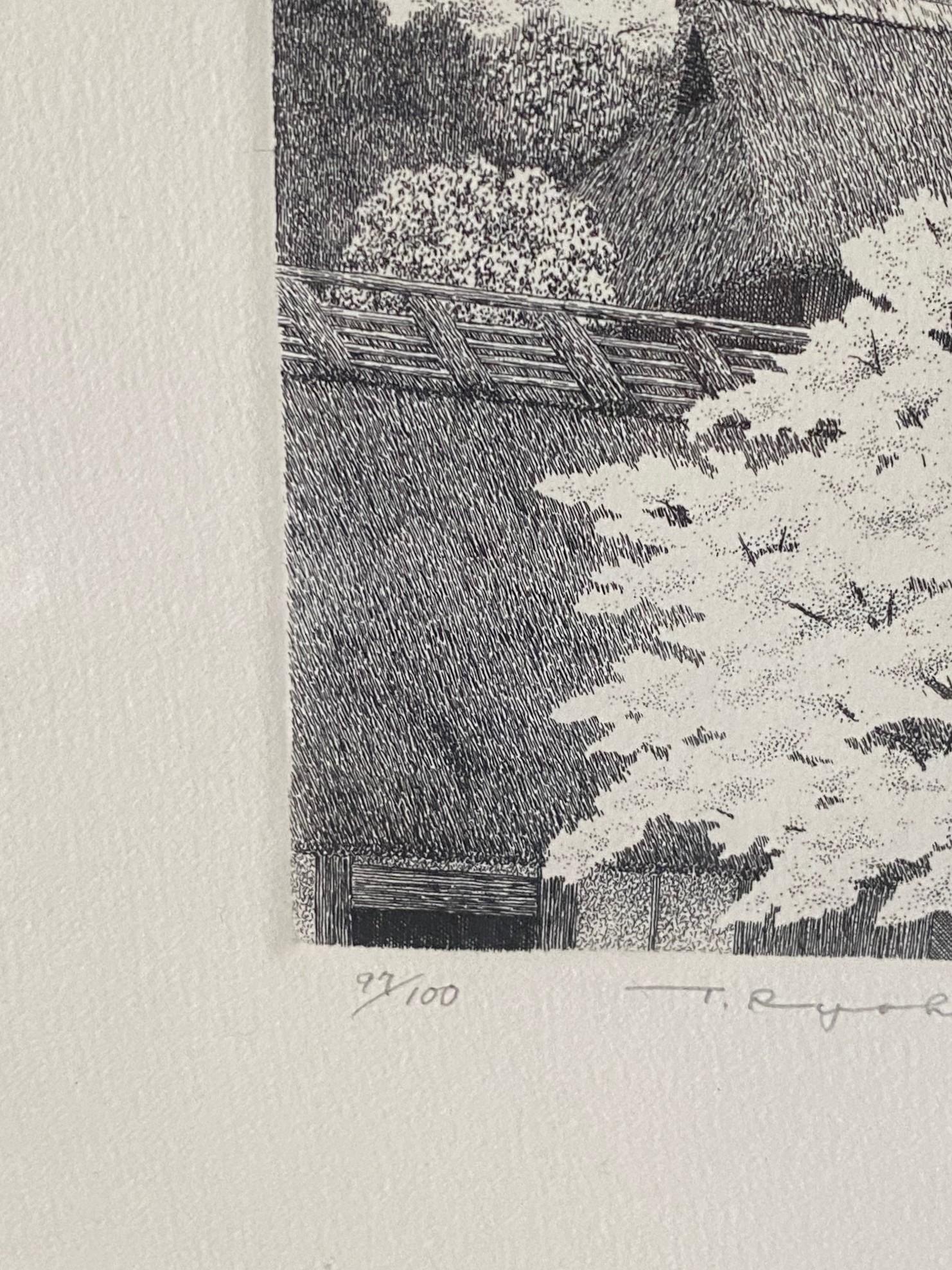 Paper Ryohei Tanaka Signed Limited Ed. Japanese Etching Cherry Blossoms Thatched Roof For Sale
