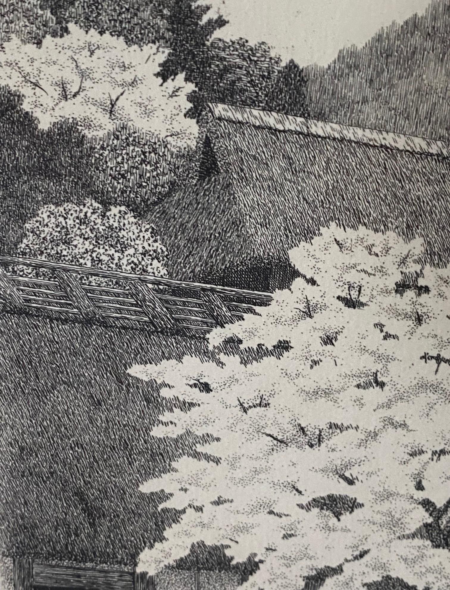 Ryohei Tanaka Signed Limited Ed. Japanese Etching Cherry Blossoms Thatched Roof For Sale 1