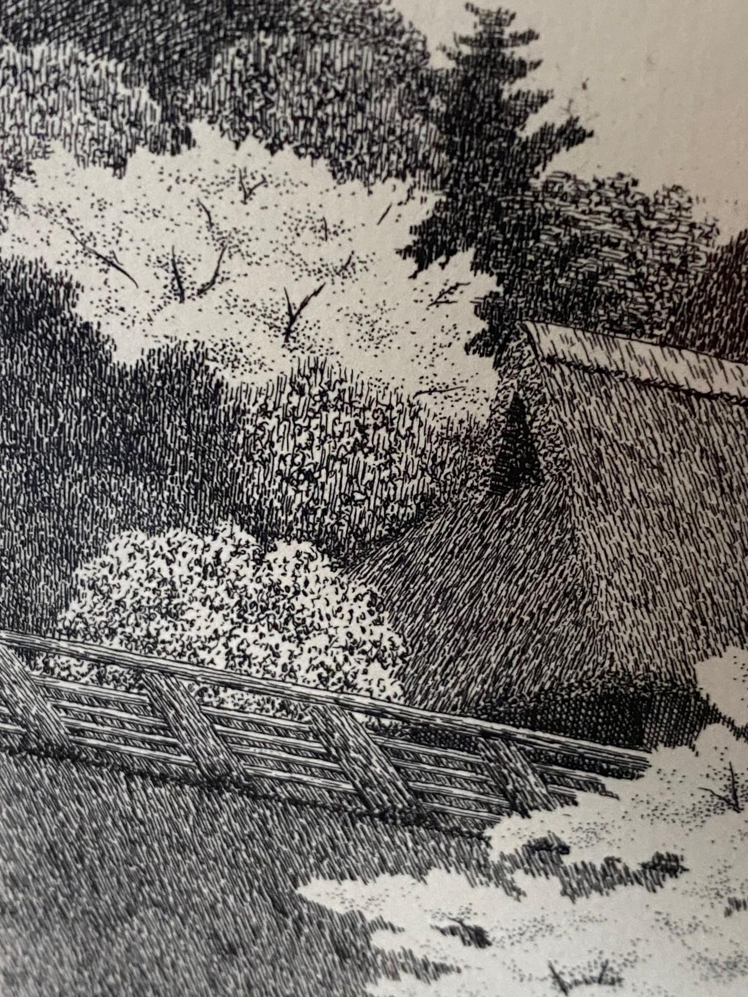 Ryohei Tanaka Signed Limited Ed. Japanese Etching Cherry Blossoms Thatched Roof For Sale 2