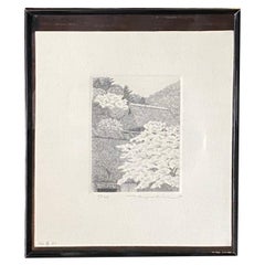Ryohei Tanaka Signed Limited Ed. Japanese Etching Cherry Blossoms Thatched Roof