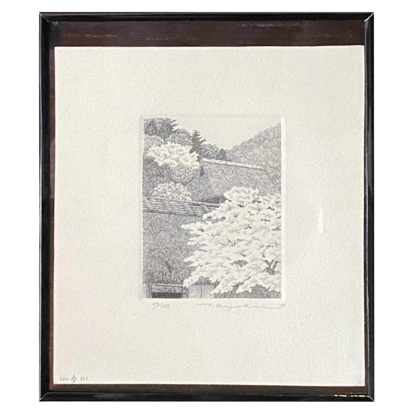 Ryohei Tanaka Signed Limited Ed. Japanese Etching Cherry Blossoms Thatched Roof