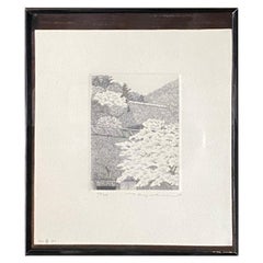 Ryohei Tanaka Signed Limited Ed. Japanese Etching Cherry Blossoms Thatched Roof